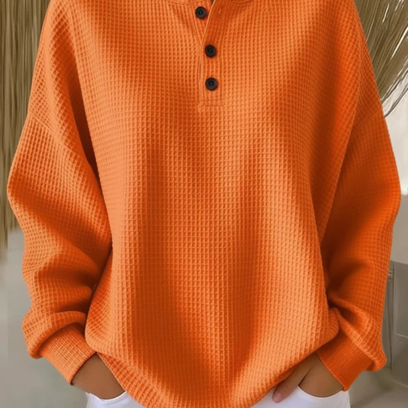 TEMU Autumn And Winter Solid Color Waffle Top Women's, Fashionable Round Neck Loose Texture Versatile Long-sleeve Pullover Blouse