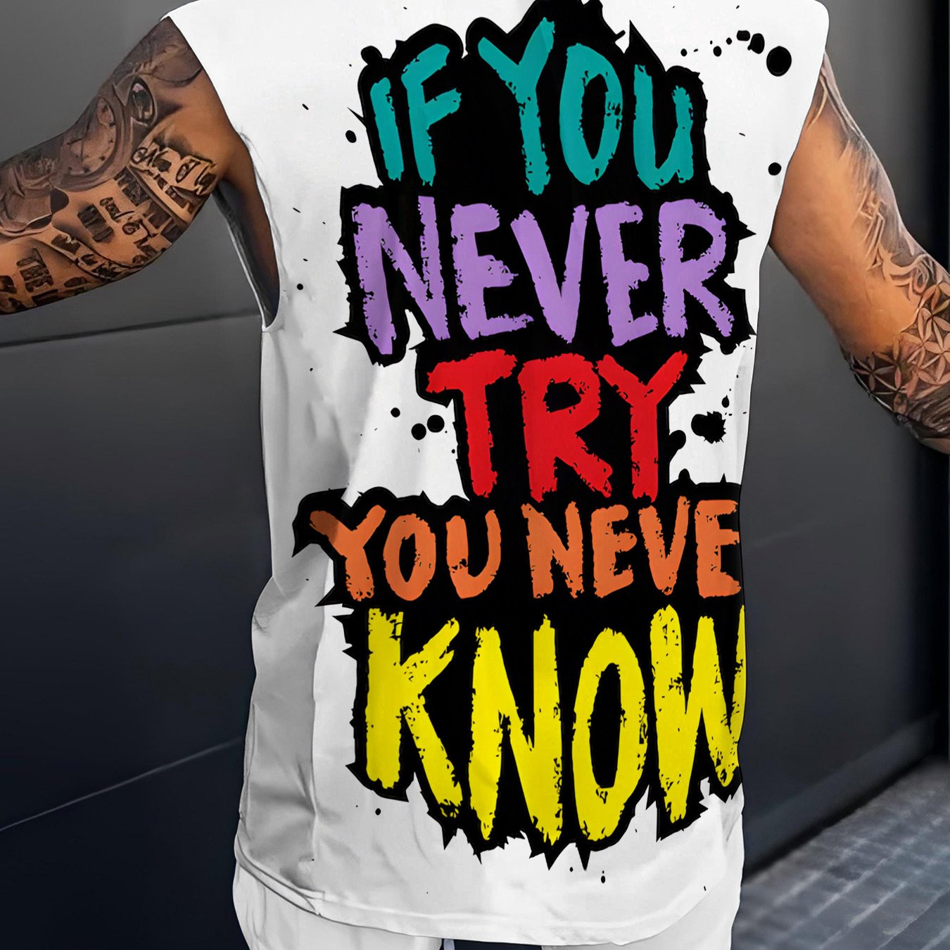 TEMU Men's Casual Print Sleeveless Tank Top, Street Style Colorful Motivational Text Graffiti Print Design, Suitable For Summer Daily Casual Wear,