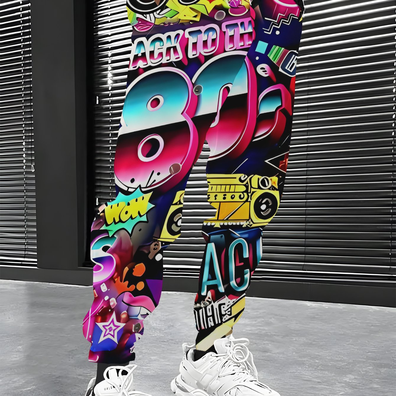 TEMU Pantalon de sport pour hommes, style graffiti années 80, fond rempli d'équipement de musique rétro et imprimé de colorés, pantalon long