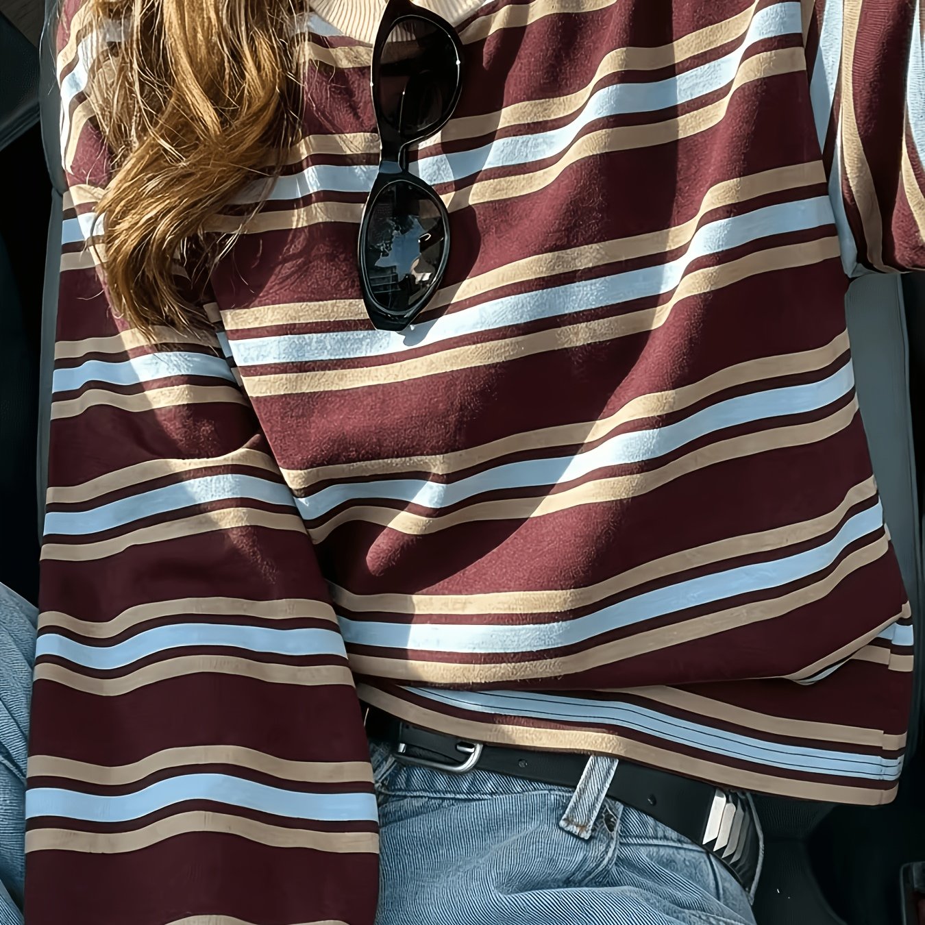 TEMU Women's Casual Top, Striped Contrast Ribbed Fabric, Daily Wear, Spring/autumn Season - Kydx