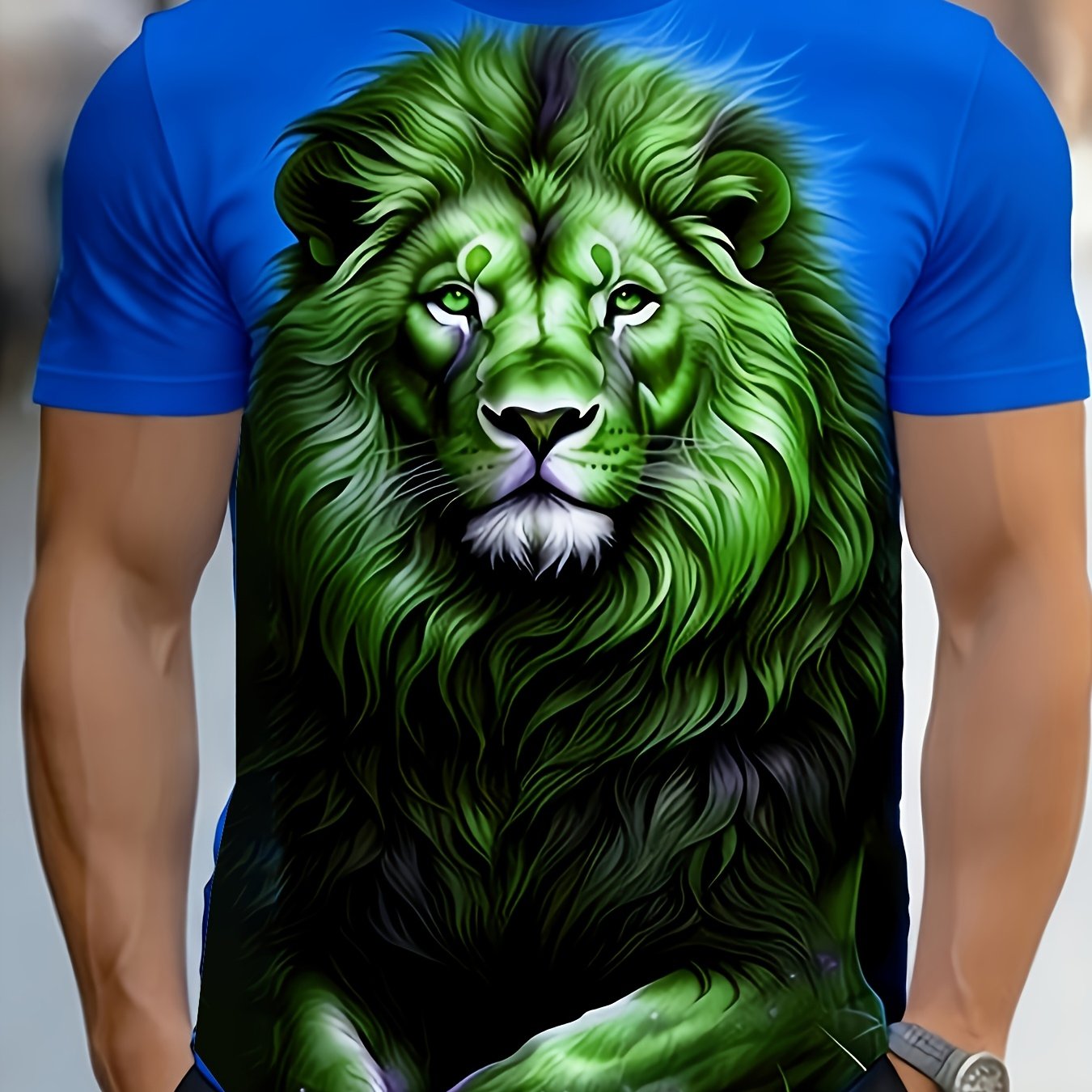 TEMU Men's Graphic T-shirt - Lion In Neon Green, Lightweight Breathable Fabric For Casual & Party Wear - Summer Loose Fit