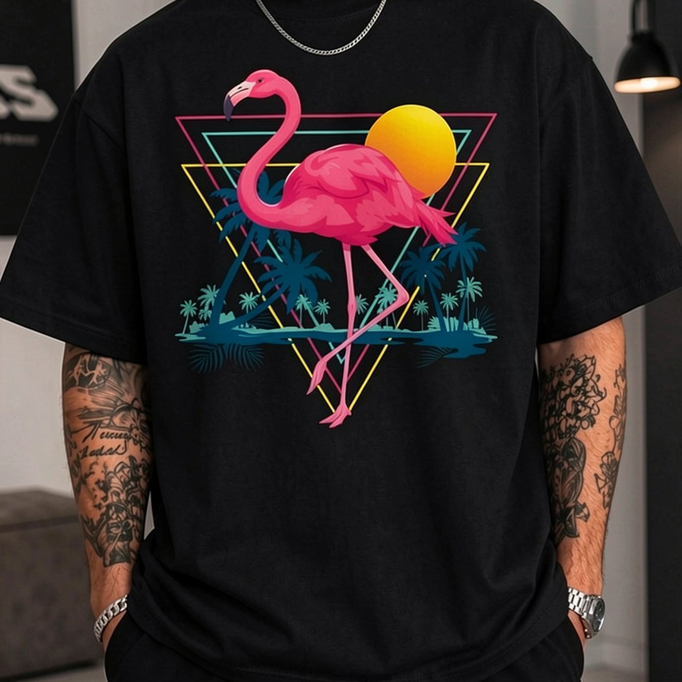 Image of Flamingo Pinkbeachsummer Vacations Men's T-shirt, Casual Crew Neck, Short Sleeve, Pure Cotton, Stretch Fabric, Regular Fit, Suitable For Casual Attire