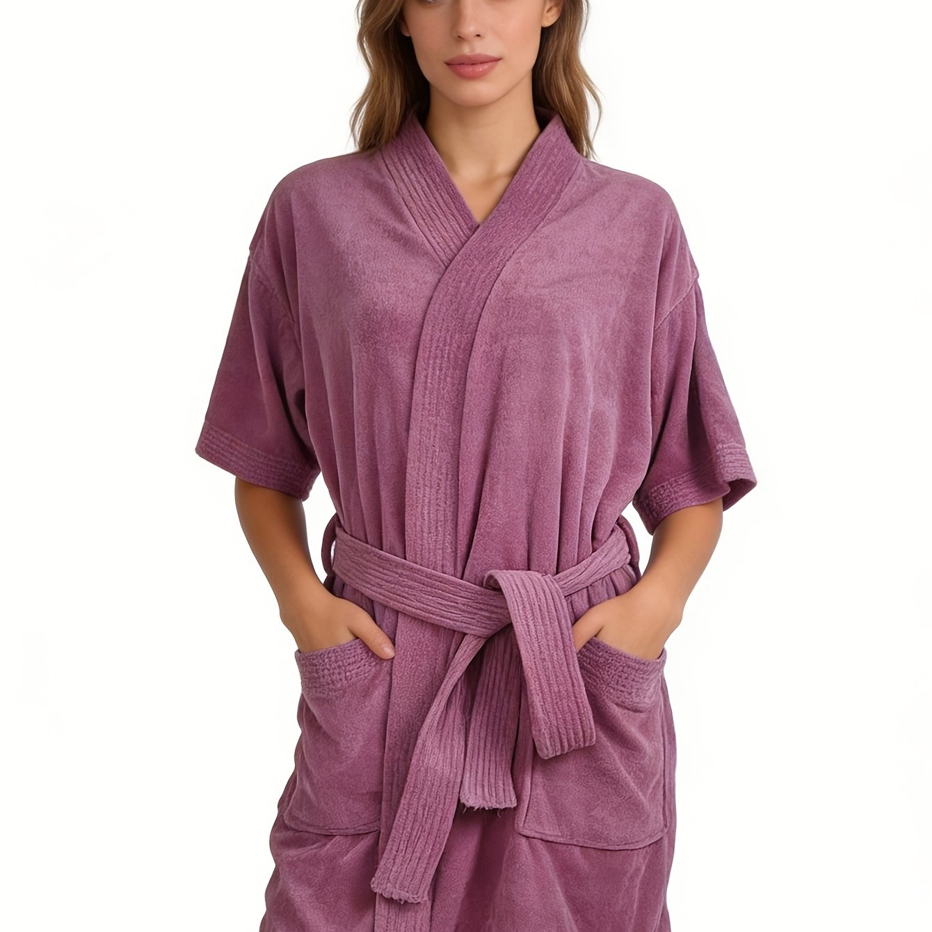 TEMU 1pc Women's Soft Absorbent Multi-needle Short Sleeve Short Robe, Bathrobe, Dressing Gown, Morning Gown, Pajamas, Kimono, Suitable For Washing,