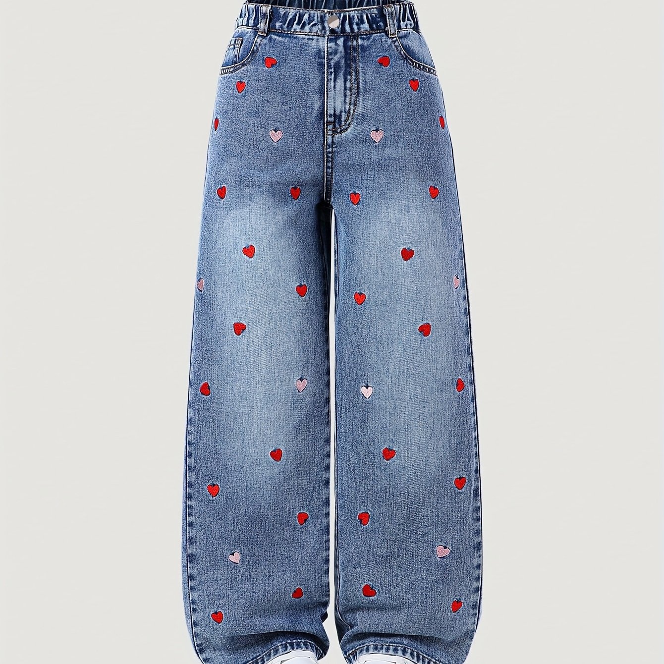 Image of Girls' Embellished Pants With Heart Embroidery - Full-length Long Leg Jeans Suitable For, Casual Streetwear & Casual Attire, Machine-washable Clothing