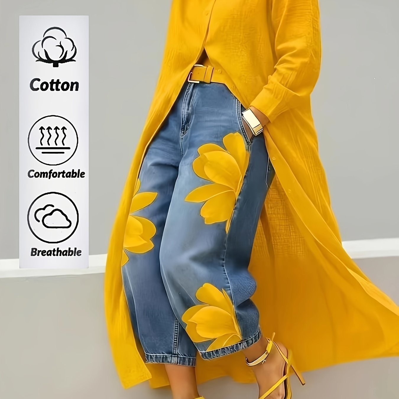 TEMU Women's Fashion Loose Wide Leg 7/8 Length Jeans Comfortable Durable Denim Fabric Floral Print Relaxed Wide Casual Versatile Everyday Denim Pants