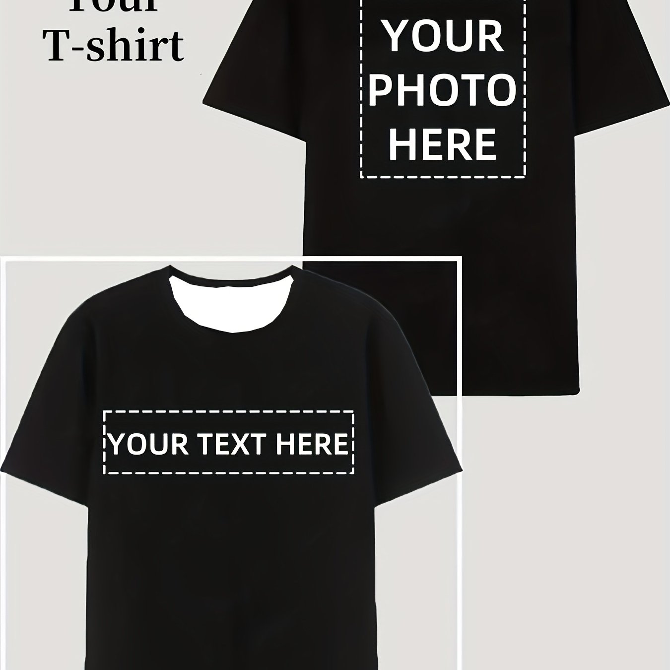 TEMU Customizable Men's T-shirt - Personalize Any Text, Photo, Or Logo T-shirt, Black Polyester Short Sleeve Summer T-shirt, Casual Workwear Or Dance