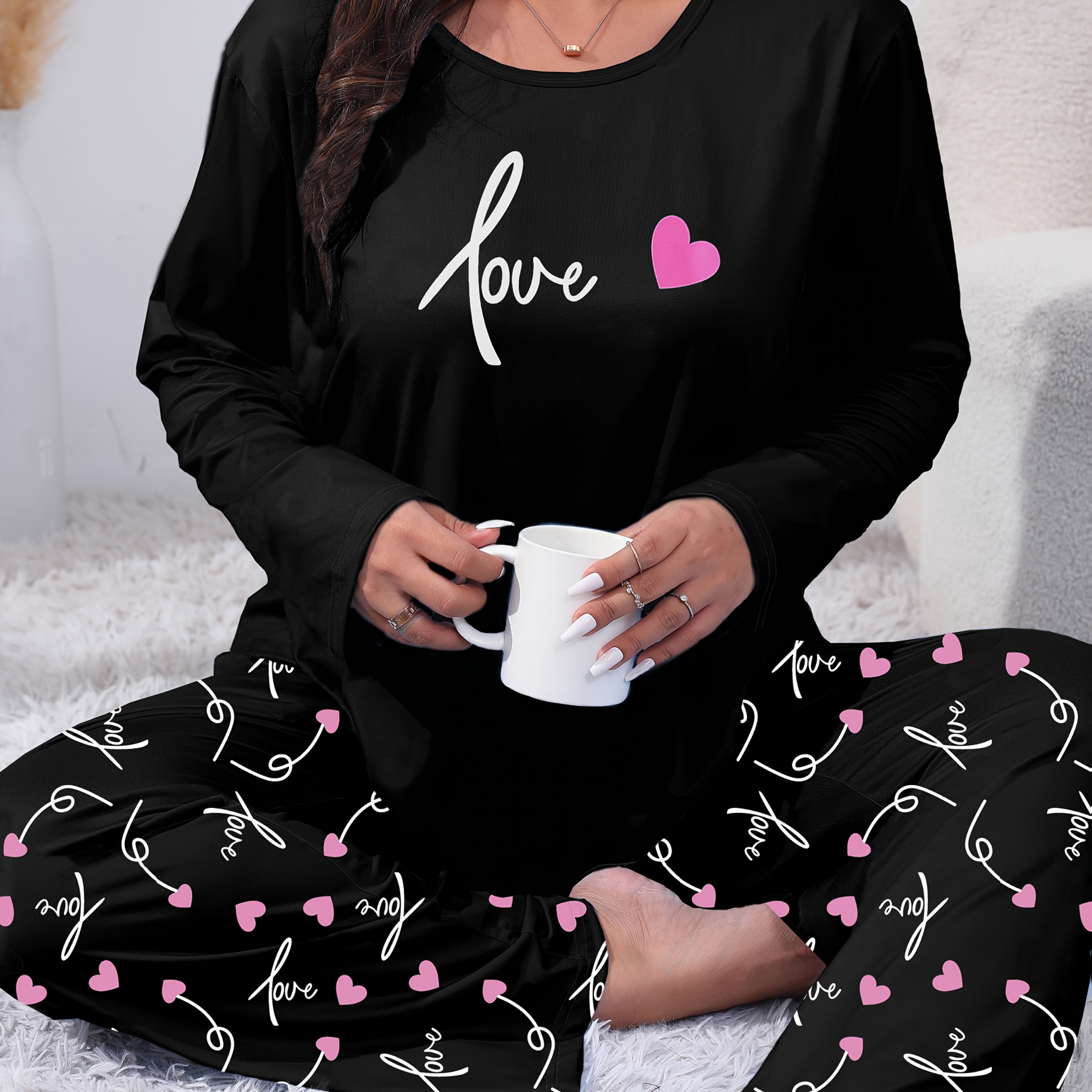 Plus Size Letter And Heart Print Long Sleeve Long Pants Home Sleepwear Set
