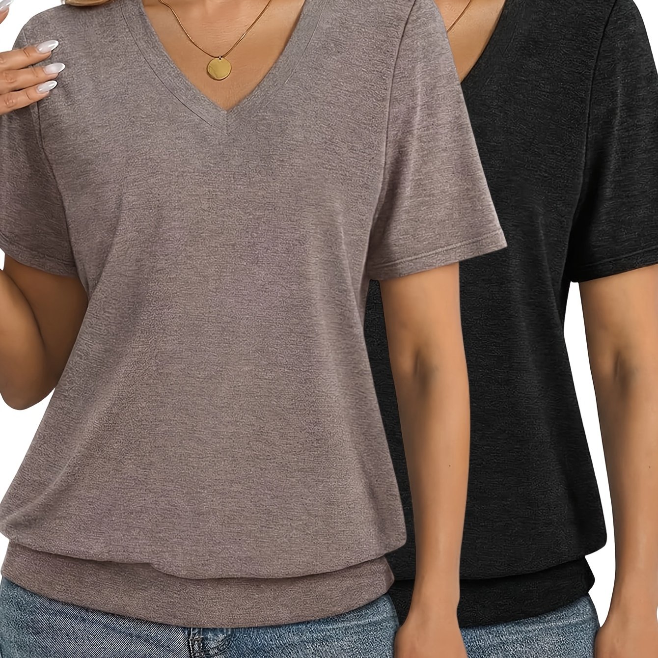 TEMU Women's Comfortable Top And Elegant Casual Drawstring Hem Basic Shirt, Fashionable V-neck Short Sleeve T-shirt 2pcs Set