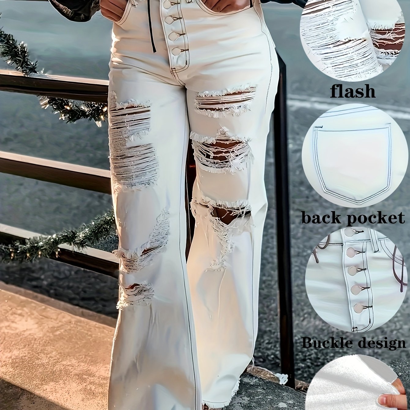 Women's High-stretch Flared Pants With Button Fly And Ripped Details Denim Jeans