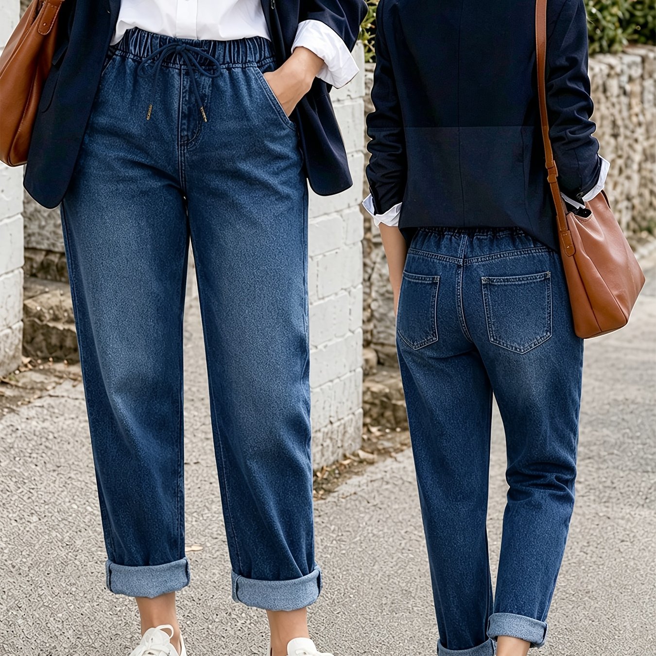 TEMU Women's 2026 Early Autumn New Elastic Waist Tapered Jeans, Fashionable And Comfortable Drawstring Casual Pants With Pockets, Comfortable Denim