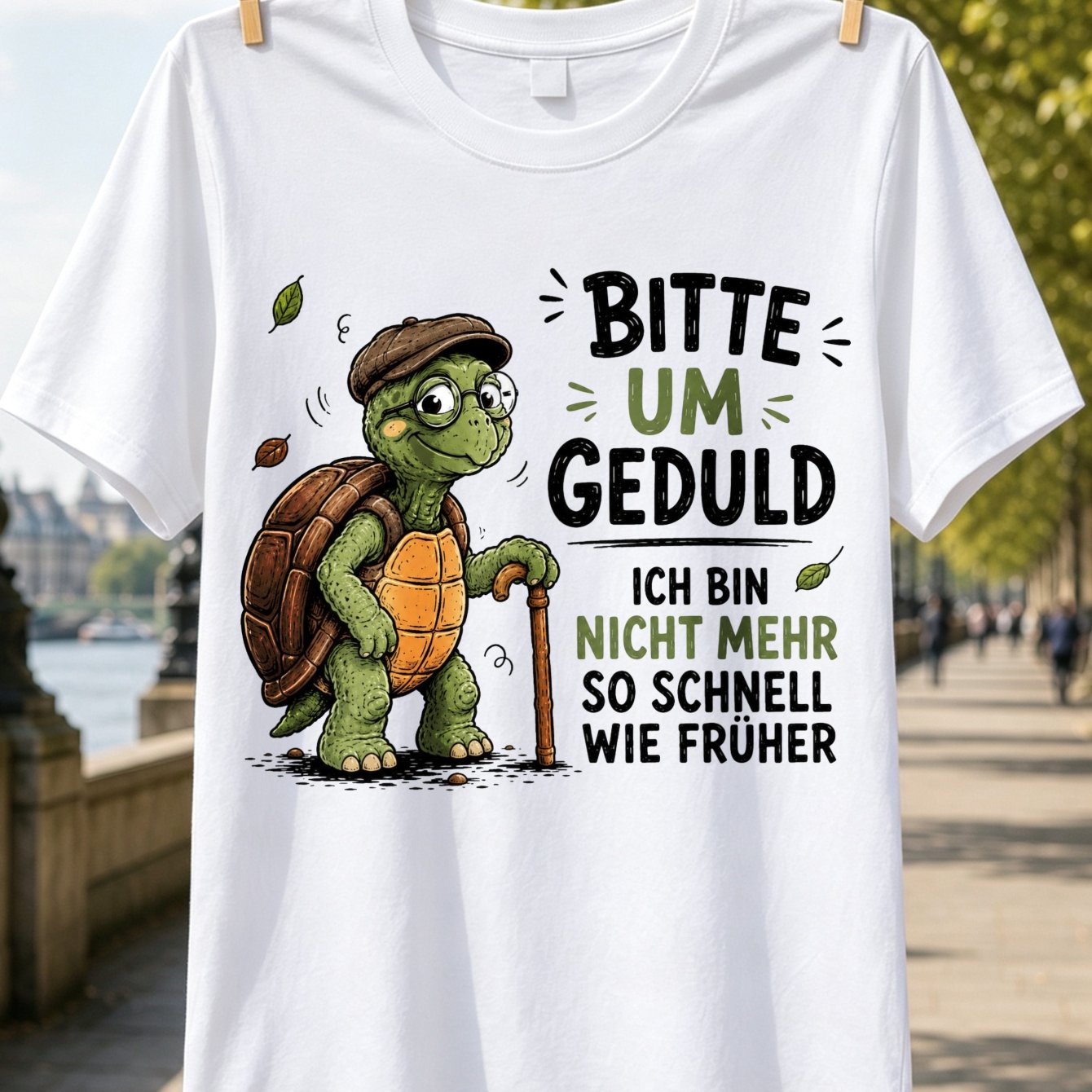 Bitte Um Geduld German Text Elderly Cartoon Turtle In And Walking With A Cane And Leaves T-shirt Unisex T-shirt