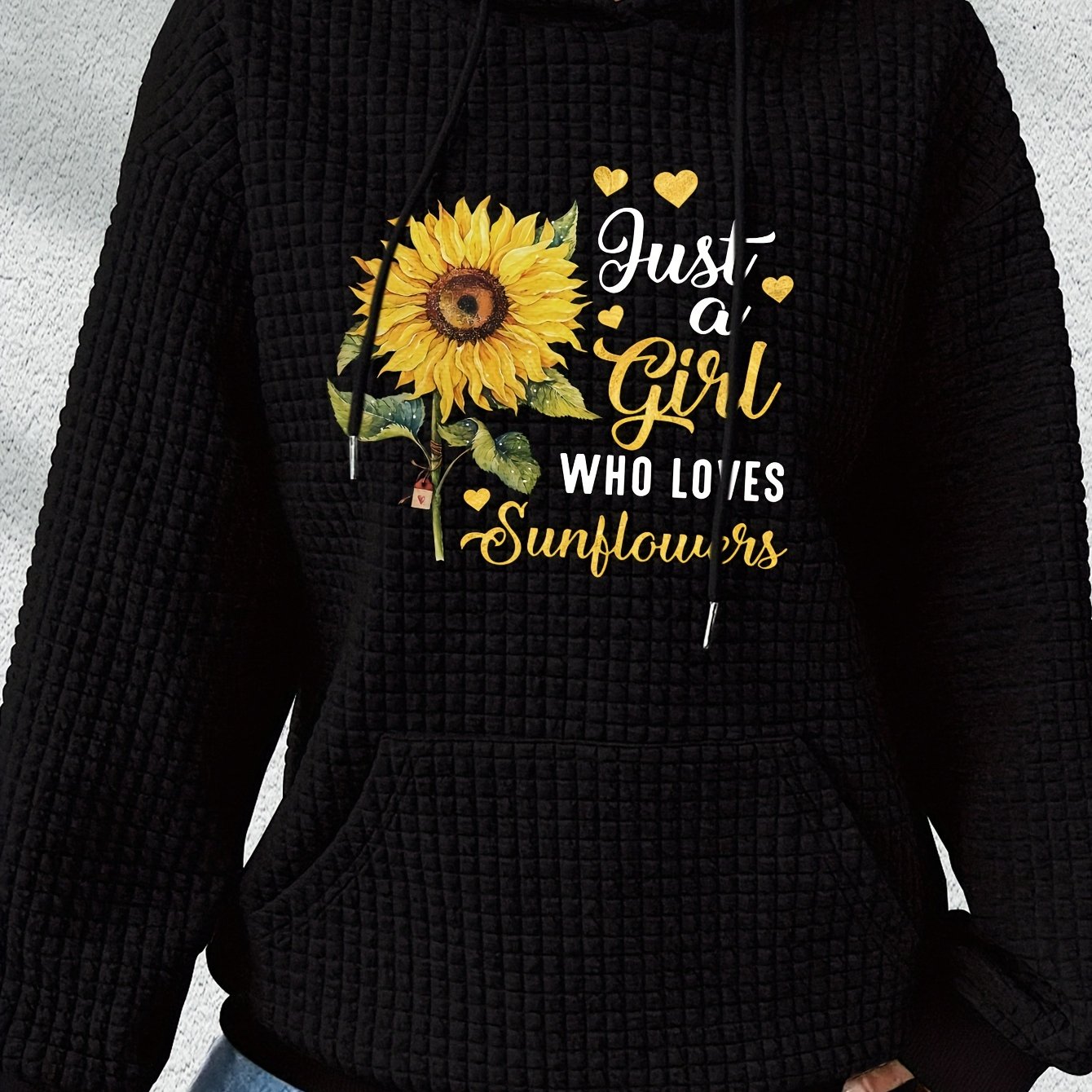 TEMU Sunflower Print Waffle Hoodie, Drawstring Kangaroo Pocket Casual Hooded Sweatshirt For Winter & Fall, Women's Clothing