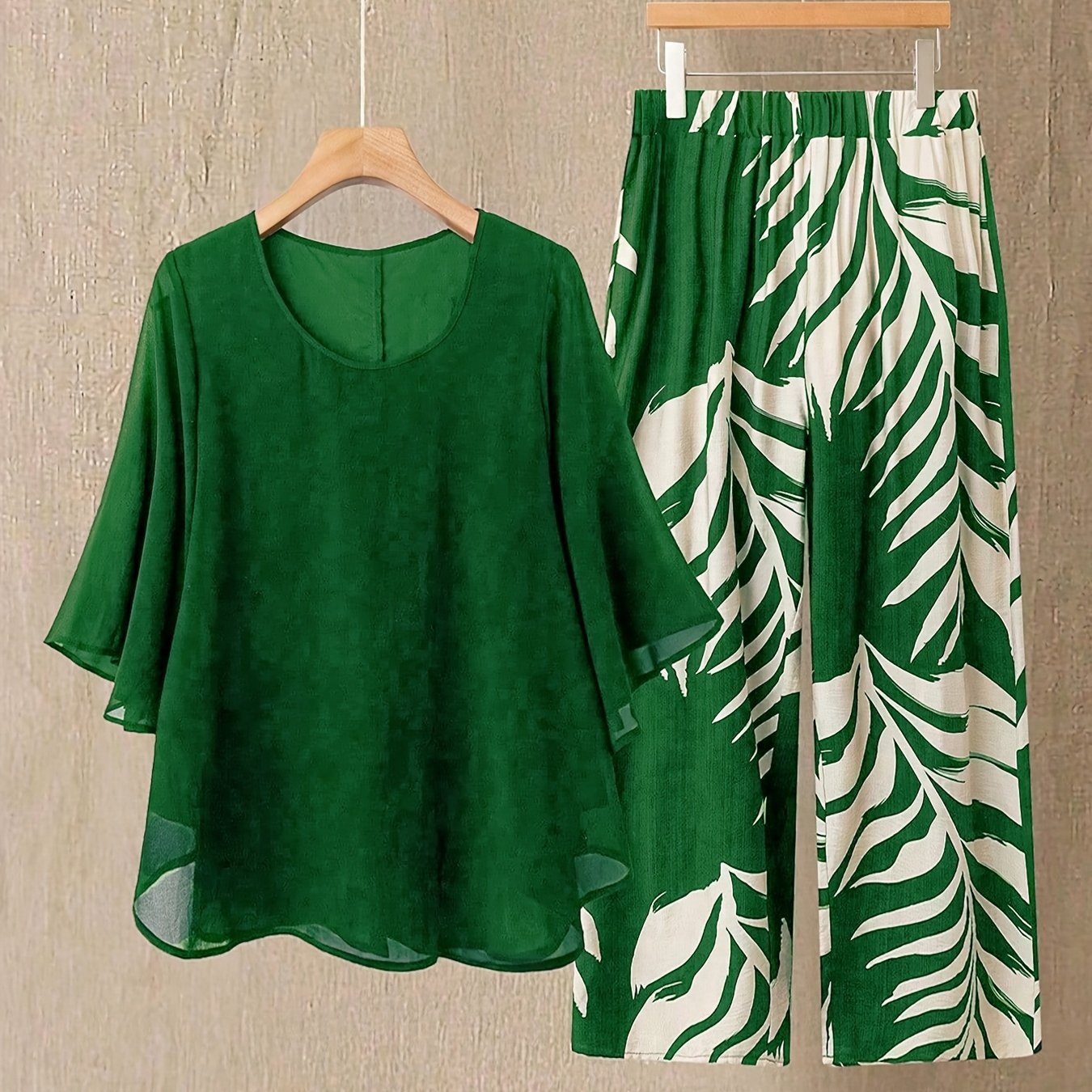 E-shop Gavin Targeted Development Europäische Amerikanische Damenmode Neuheit Bestseller Rundhals-Chiffon-Top mit Blattdruck Set