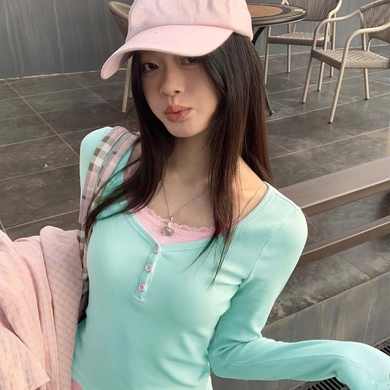 TEMU Korean Block Layered Long Sleeve T-shirt For Women, 2026 , Stylish And Elegant Slim , Instagram Style