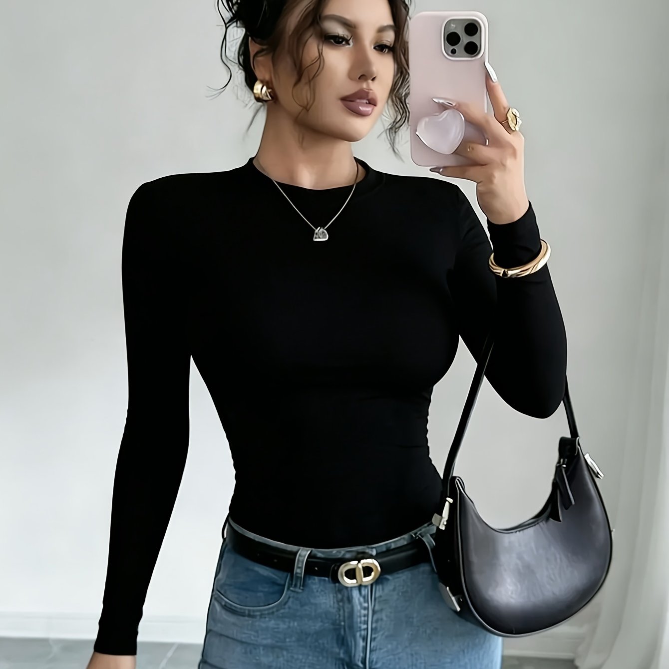 TEMU Women's Elegant Slim-fit Long Sleeve Round Neck Blouse - Solid Color Basic Shirt, Machine-washable Layering Top For Casual & Office Wear, -