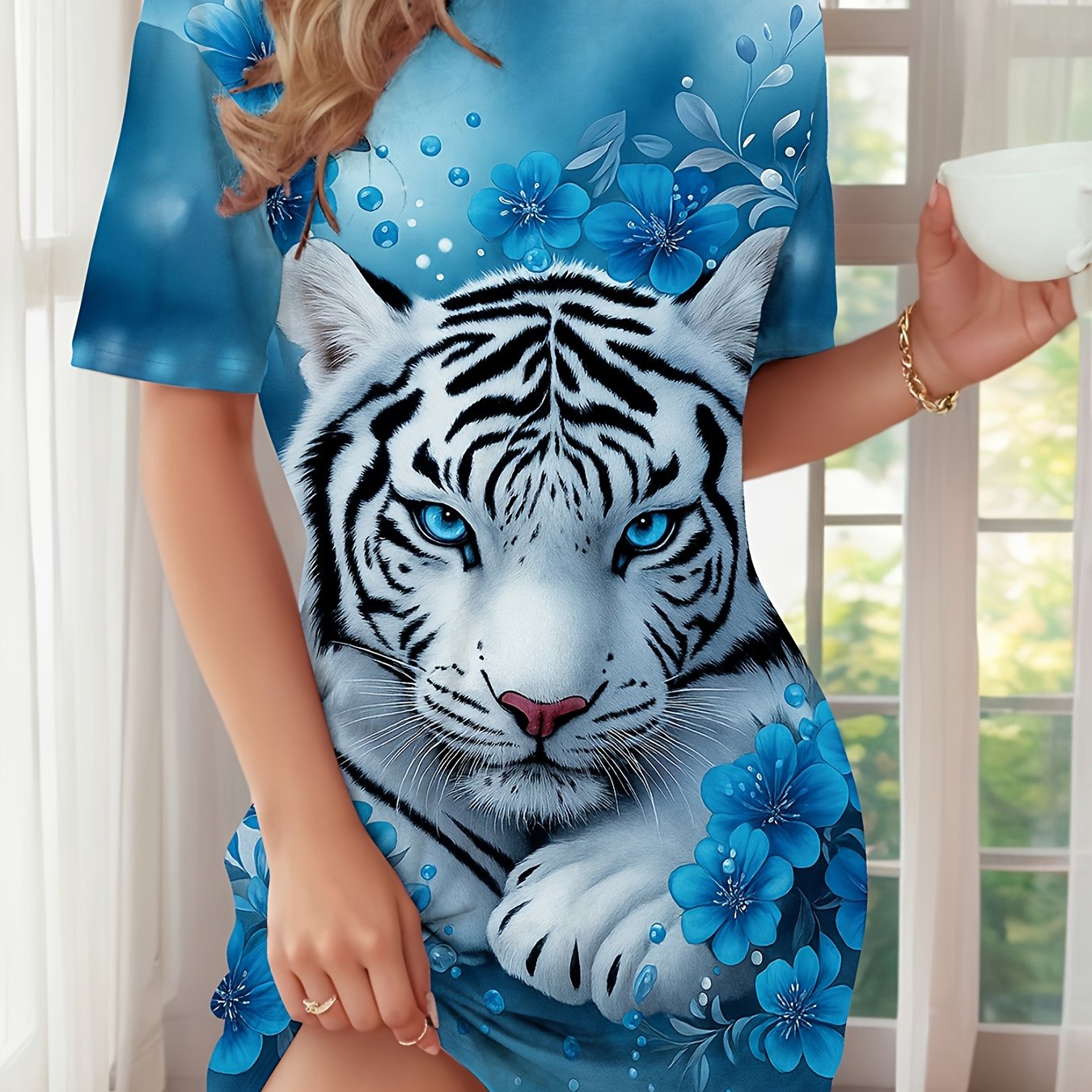 Ladies Cute 3d Printed Floral And White Tiger Pattern Printed Pajamas. Sweet Holiday Gift, Comfortable And Breathable Skirt. Wear Suitable For . Accurate Size Chart And Praise You Good Luck