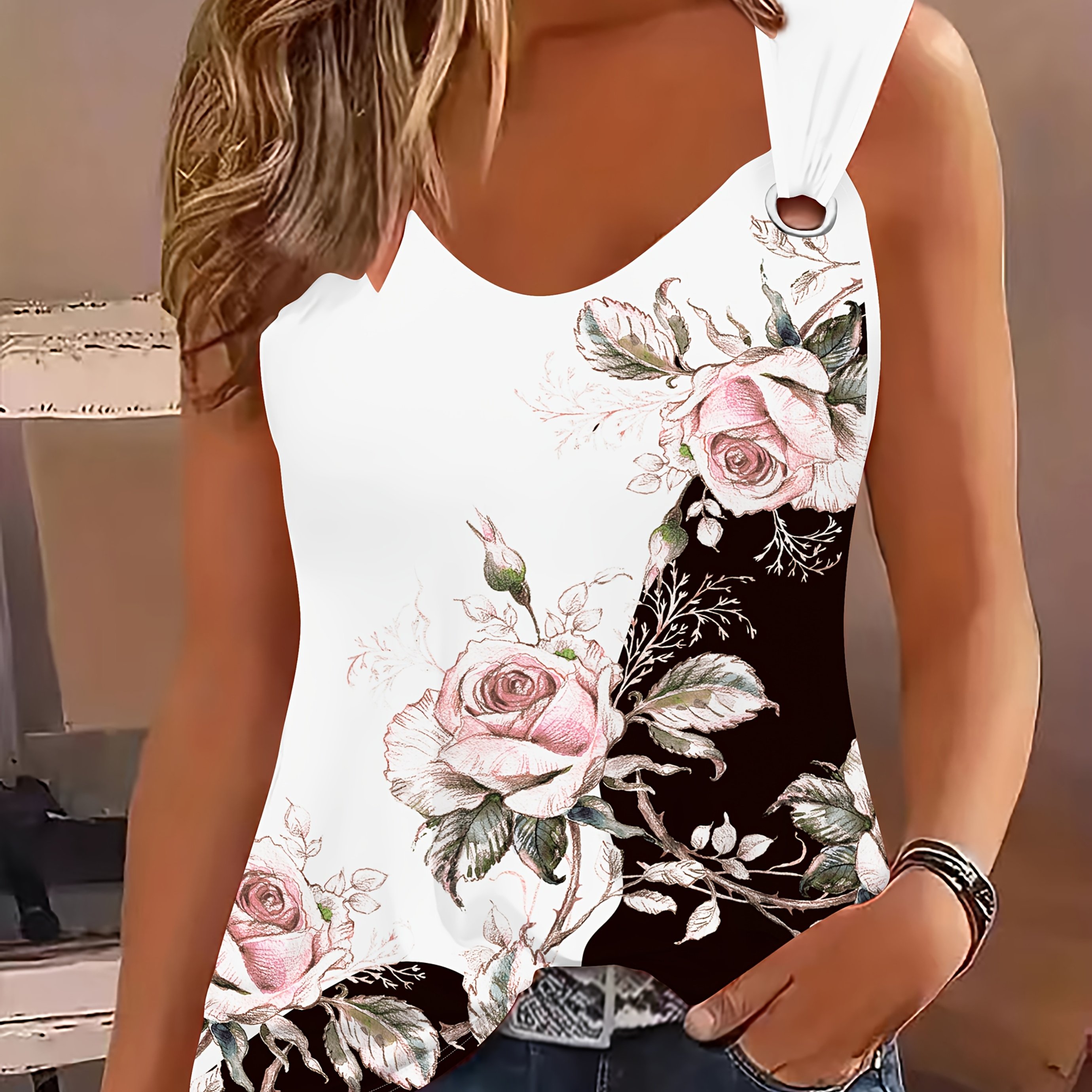 Image of Women's Outdoor Leisure Sports Tank Top With Digital Floral Print And Ring