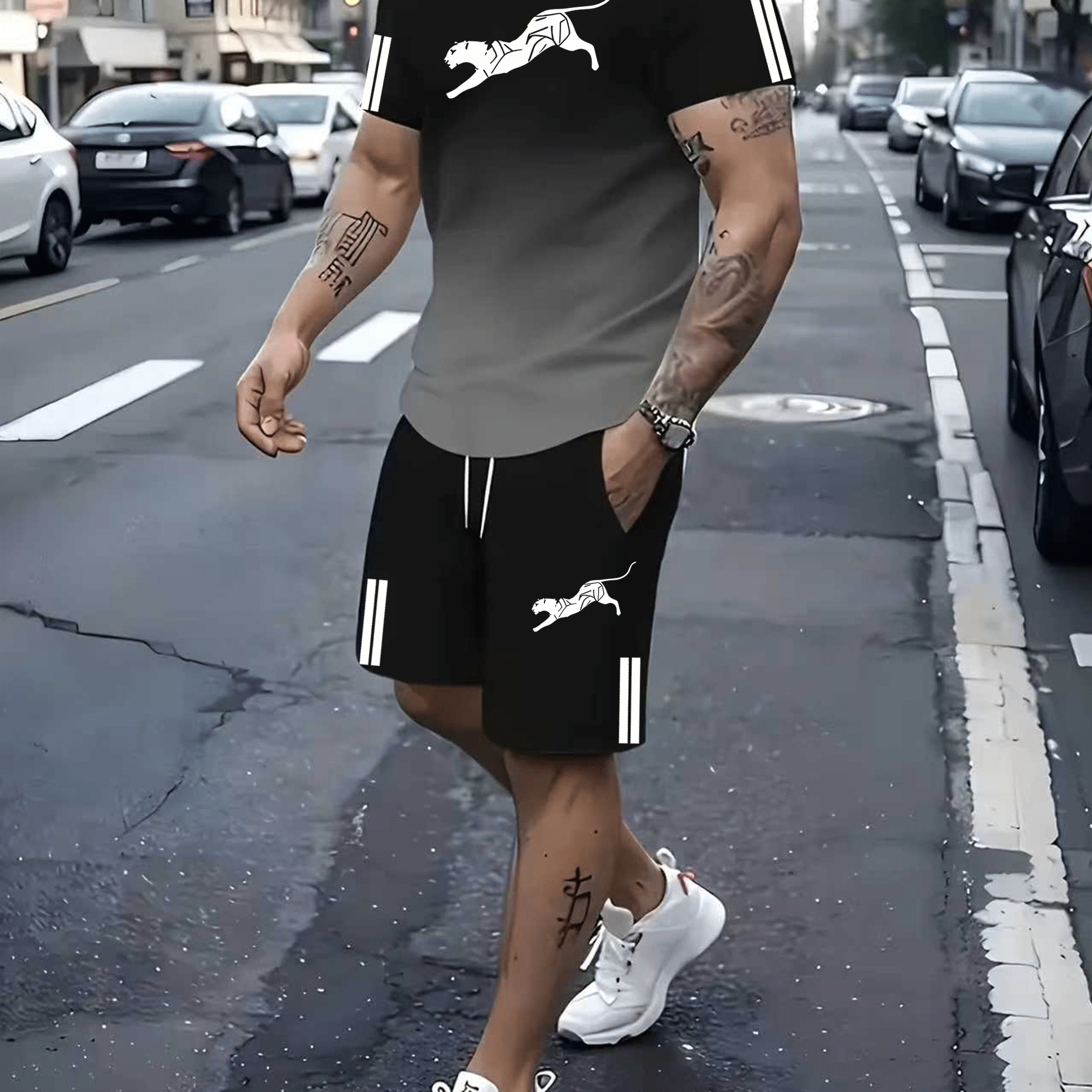 TEMU 2026 's Geometric Leopard Print 3d Animal Print Short-sleeve Sportswear Set, Gradient Color Block T-shirt + Casual Shorts Set, Made Of