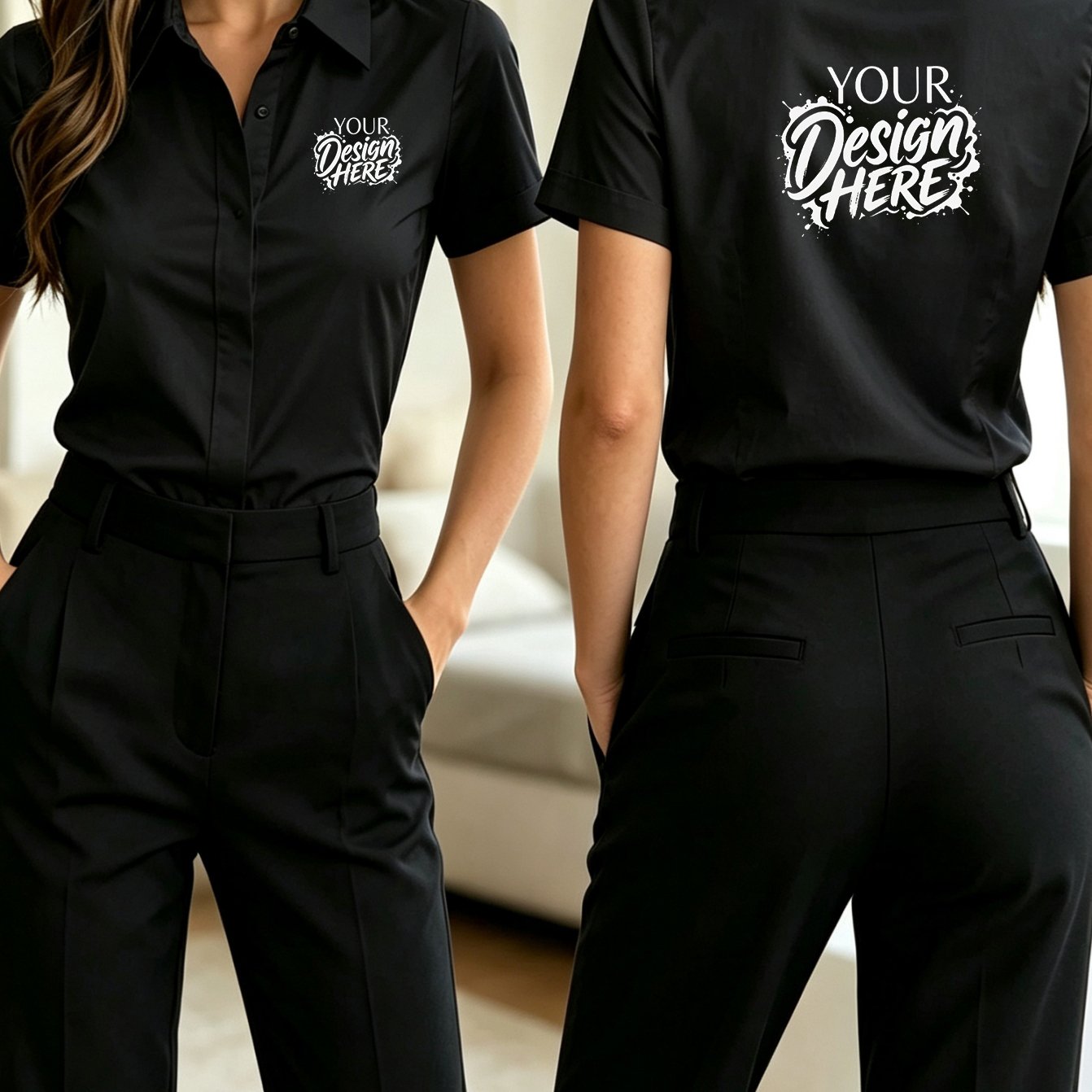 TEMU Customizable Front And Back Pattern Logo Fashion Women's Short Sleeve Shirt Workwear, Suitable For Casual Wear, Sister Gatherings, And Team