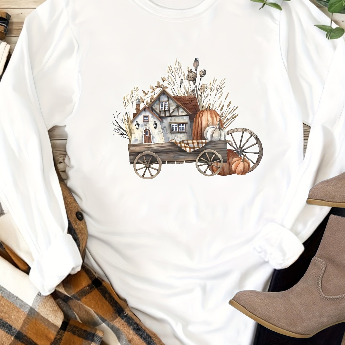 TEMU Fashionable Pumpkin Print Pattern Round Neck Long Sleeve T-shirt For Women, Suitable For Spring, Summer, Autumn, And Winter.