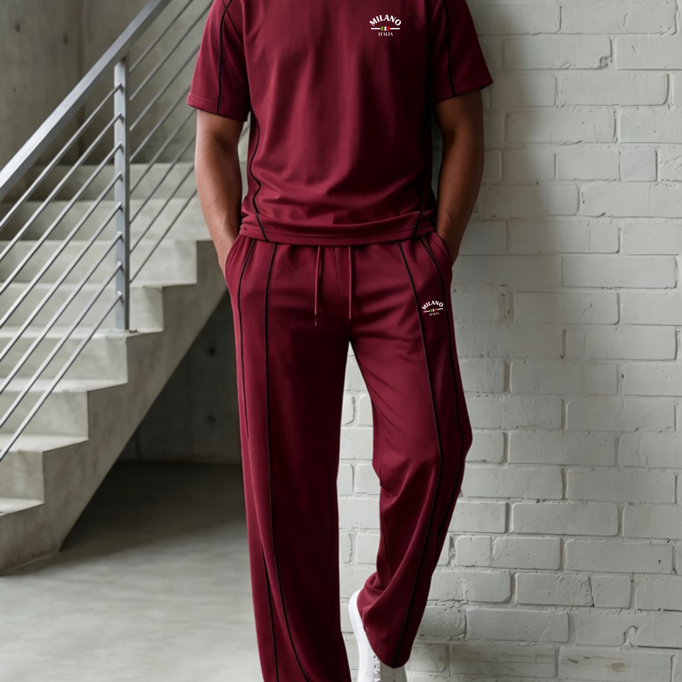 2pcs Set: Men's Business-casual & Athletic Style - Printed Short-sleeve Top With Matching Trousers - Multiple Colors , Plus Size