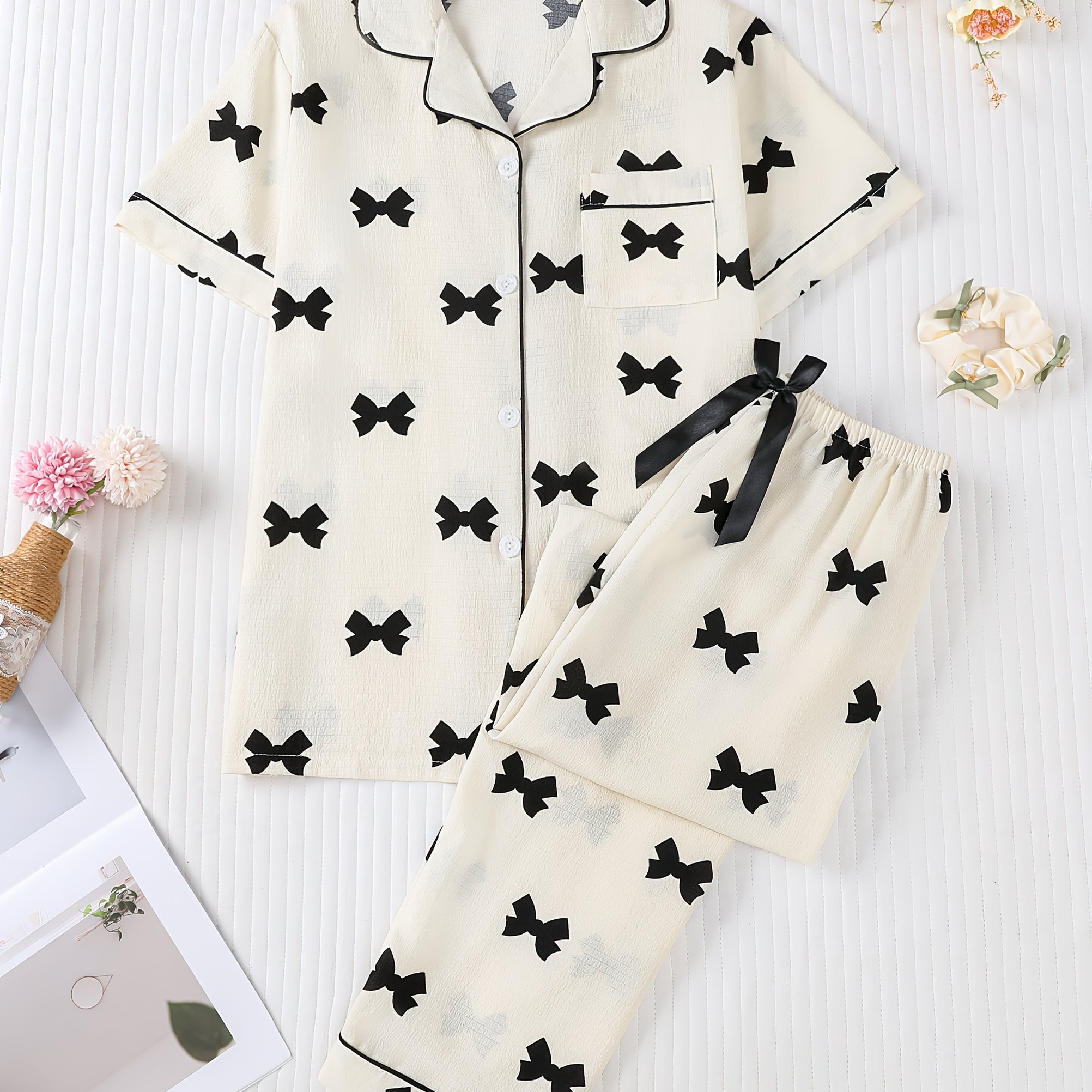 Image of ' Casual Regular Comfortable Pajama Short Sleeve And Long Pants 2pcs Set, With Elastic Waistband, Spring Summer Button Detail Teenager Wear, For Teenager, For Teenager