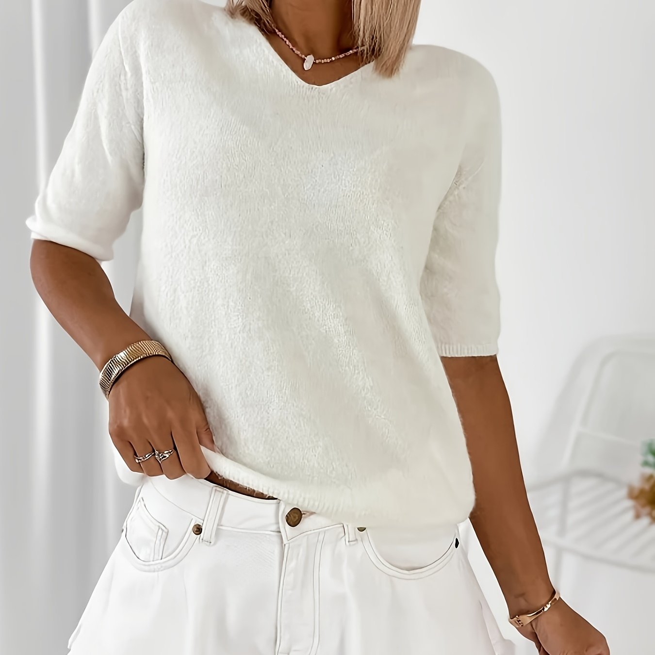 Image of 1pc 2025 Spring Summer Lazy Style V-neck Fluffy 3/4 Sleeve Top Women' Outing Light Social Loose Slim White Top Xs-l