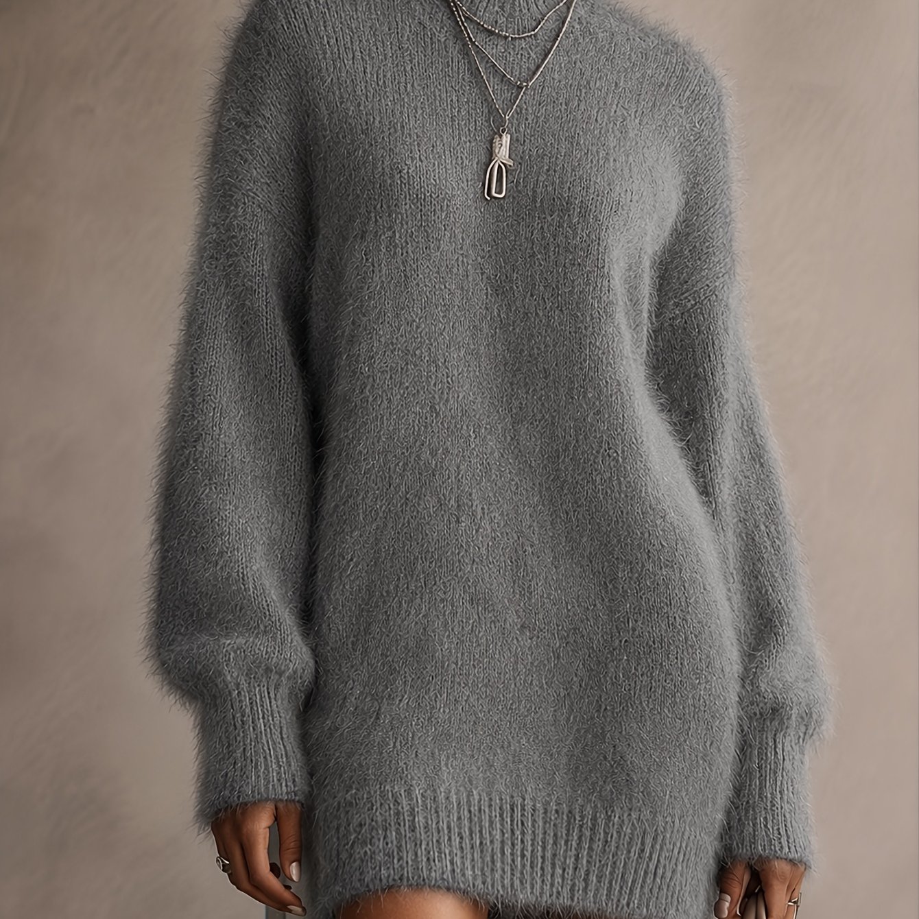 TEMU BK260703034, Damen einfarbiges, langärmeliges, lockeres Plüsch-Pulloverkleid mit hohem Stehkragen, geeignet für tägliche Herbst- Winterausflüge,