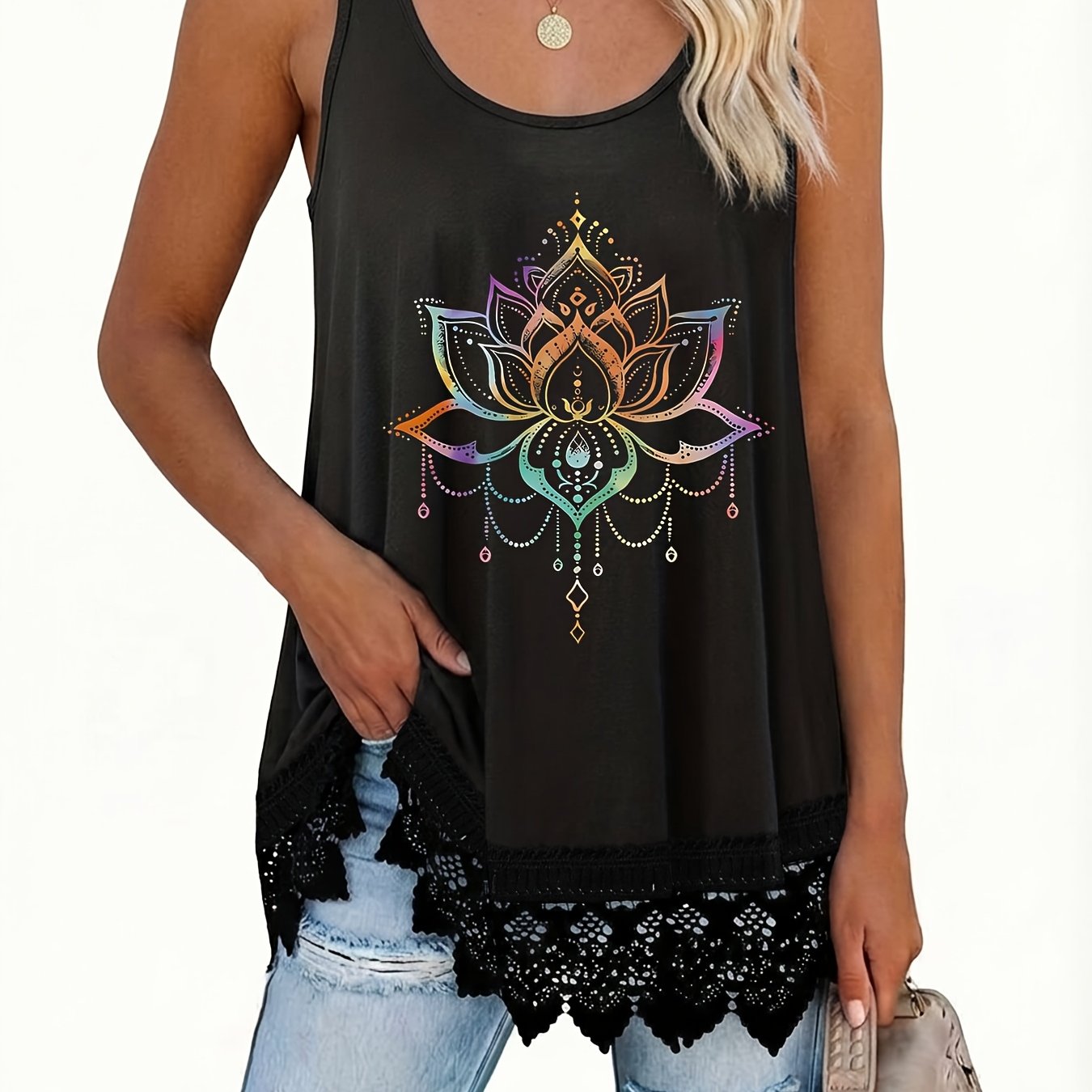 TEMU Plus Size - Plus Size - Plus Size Lace Trim Women's Round Neck Tank Top, And Flattering, Top
