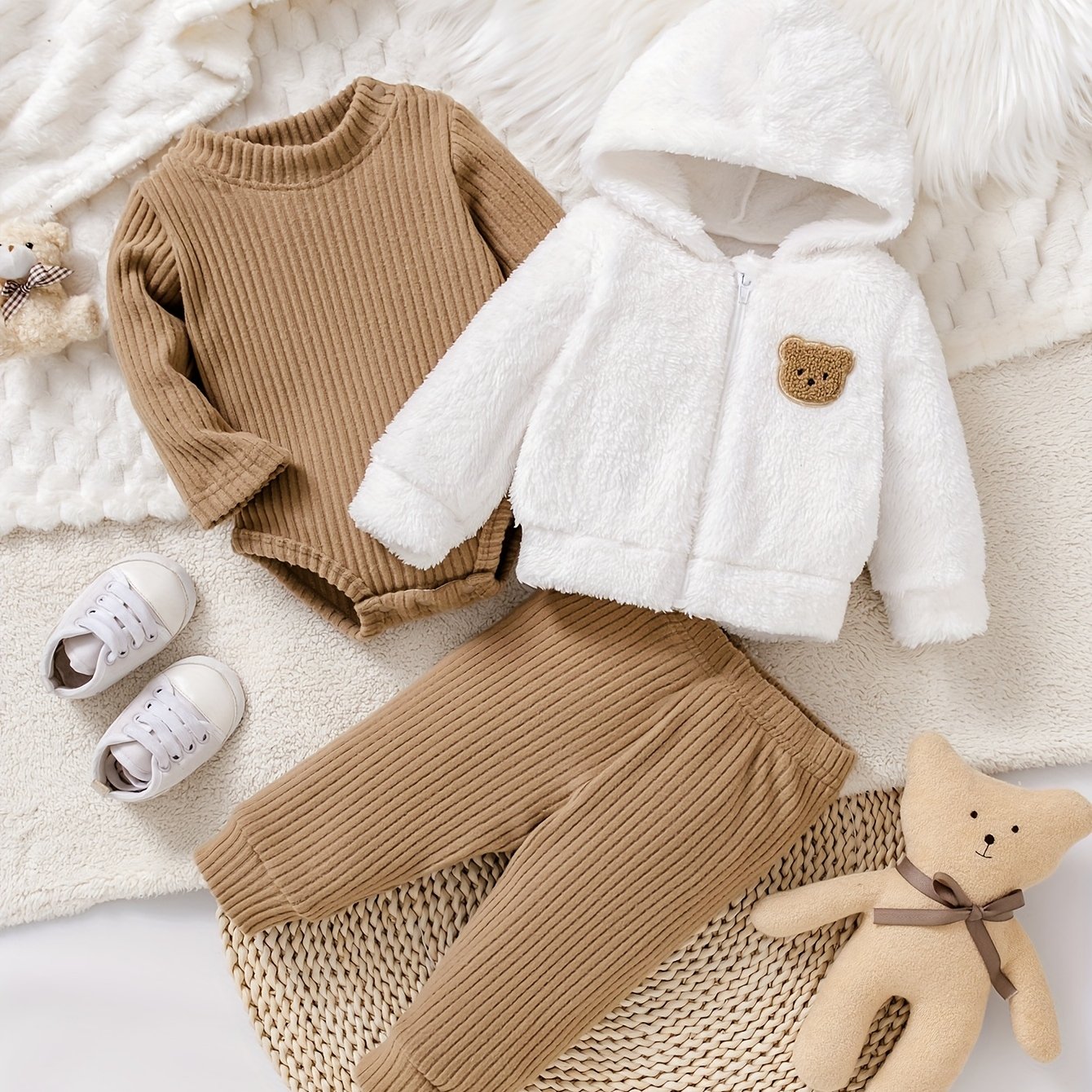 Image of New Autumn-winter Cute Three-piece Set For Baby Boys And Girls: Plush Bear Jacket + Ribbed Bodysuit + Long Pants Combo, Perfect For Outdoor,christmas,halloween