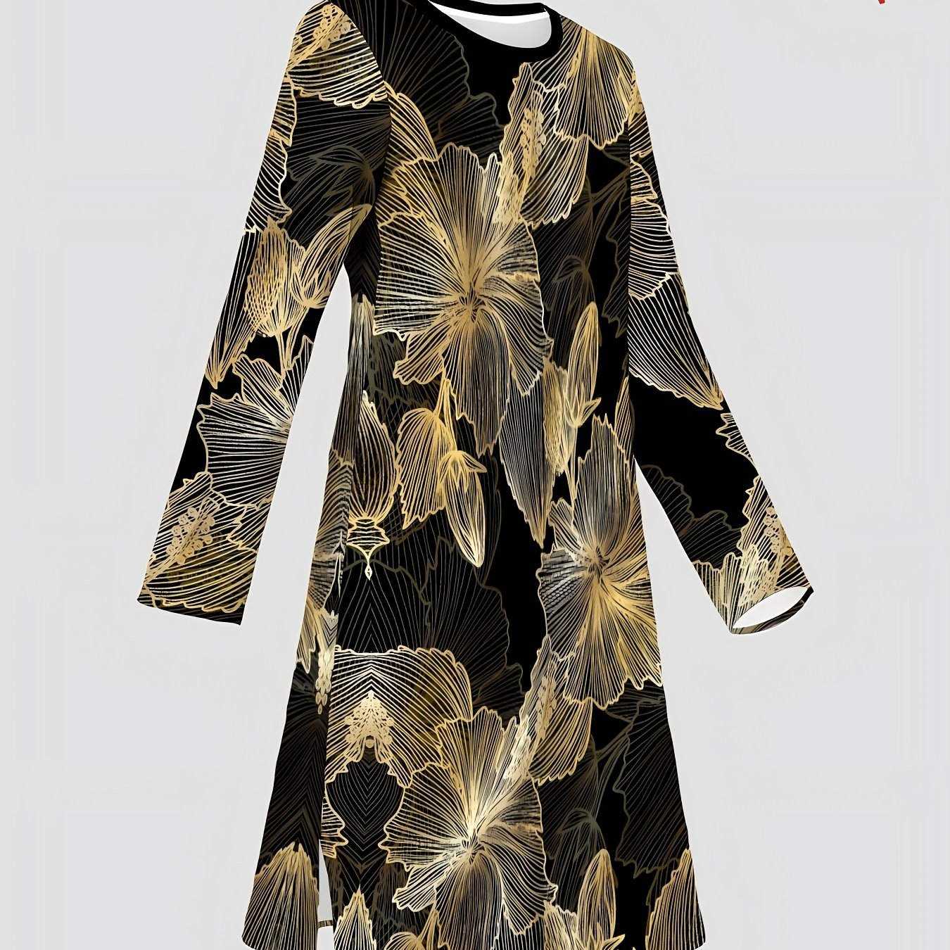 TEMU [printed Design â Not Textured/embroidery/sequins] Women's Long Top With Golden Hibiscus Floral Pattern Background, Elegant And Luxurious,