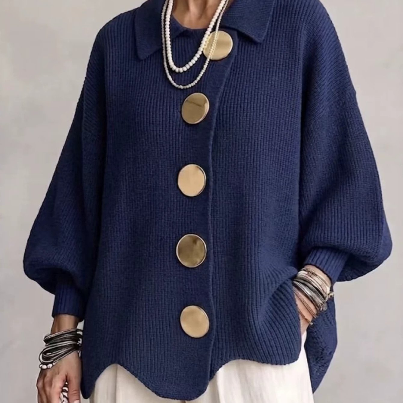 TEMU Nouveautés Femme Col à Cardigan Oversized, Manteau Pull Manches Longues Grand Bouton Doré, Vêtement d'Extérieur Confortable Couleur Unie pour