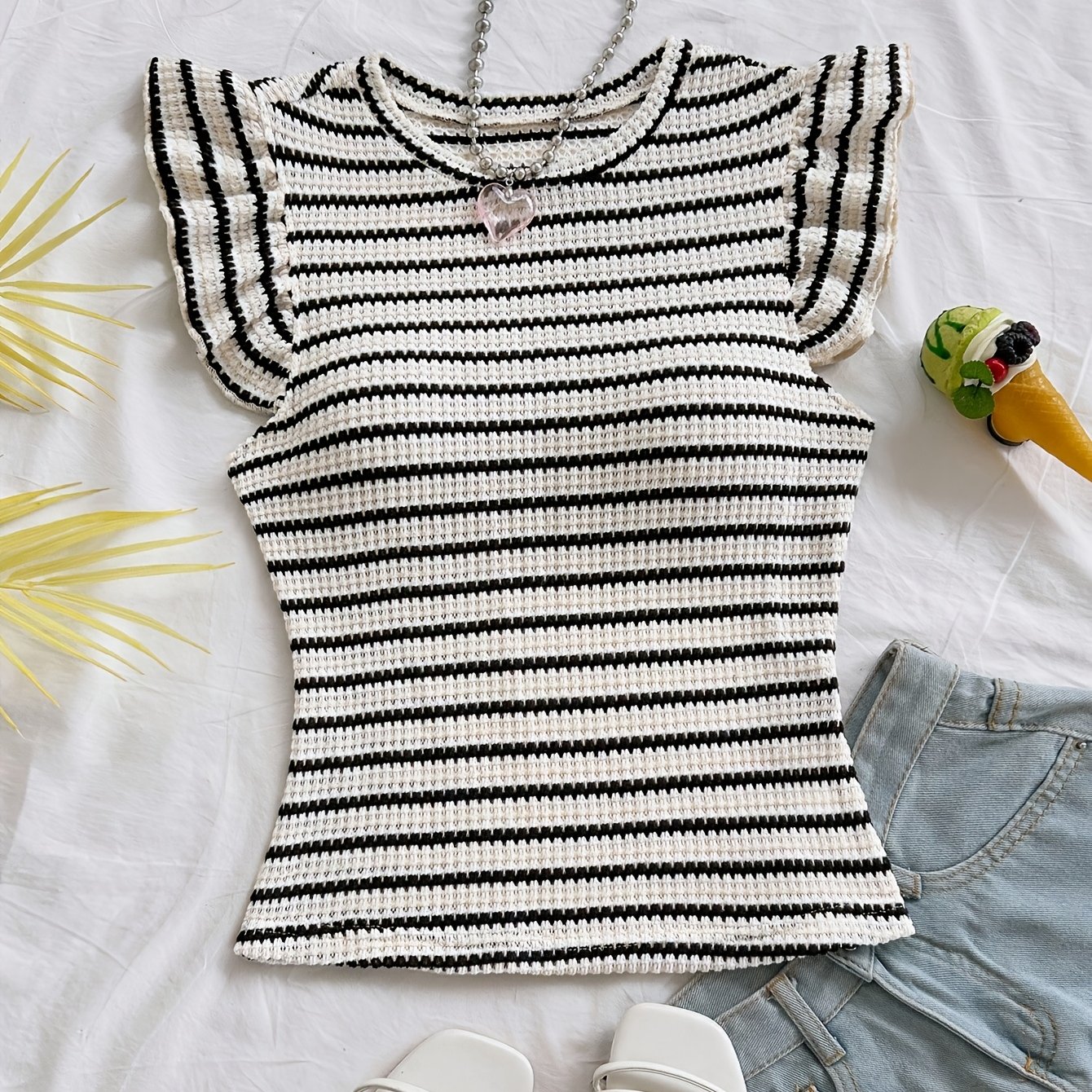 Women's Casual Color Block Striped Ruffle Sleeve Holiday Ruffle Trim T-shirt, Suitable For Parties, Christmas, Dating, Nightclubs, Bohemian, , Vacation