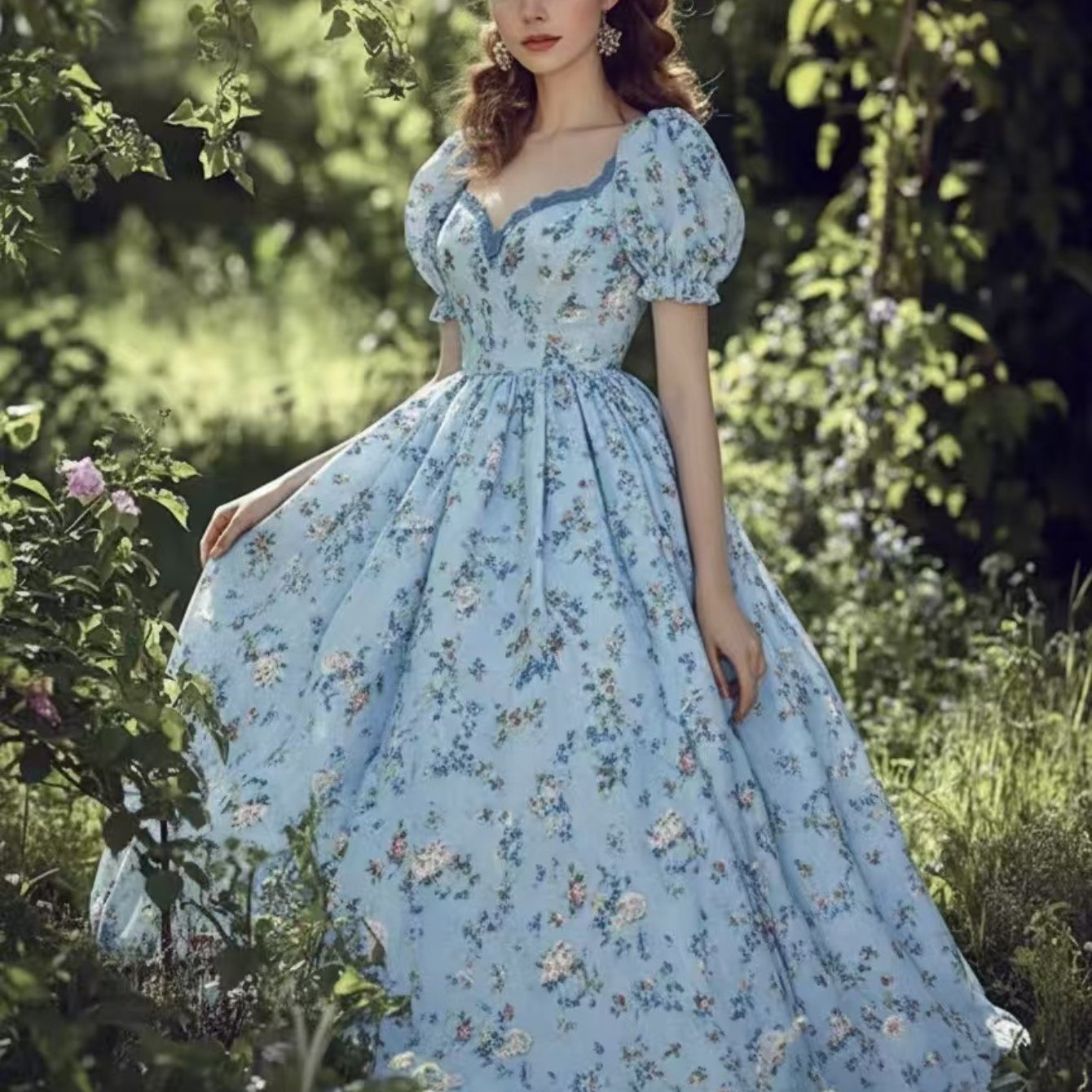 Women's Floral V-neck Puff Sleeve Maxi Dress, Elegant A-line Long Dress For Summer Garden Party And Vacation