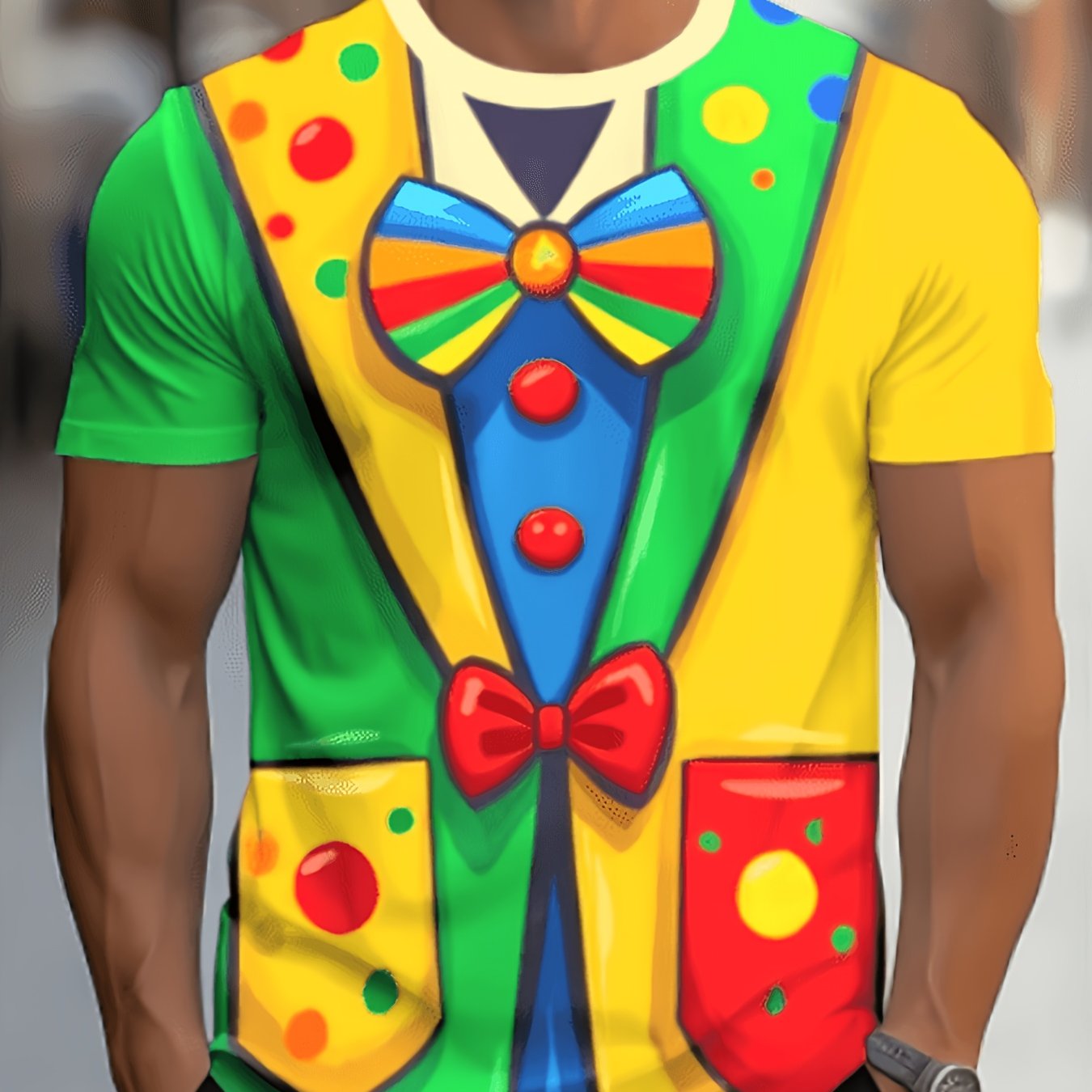 TEMU Men's Breathable Clown Costume T-shirt With A Fake Bow Tie - Vibrant Colorful Circus Party Outfit, Short-sleeved And Round-necked, Suitable For