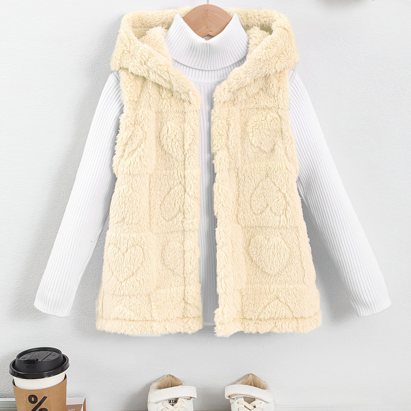 Girls' Spring And Autumn Fashionable Versatile Hooded Vest With Heart Pattern
