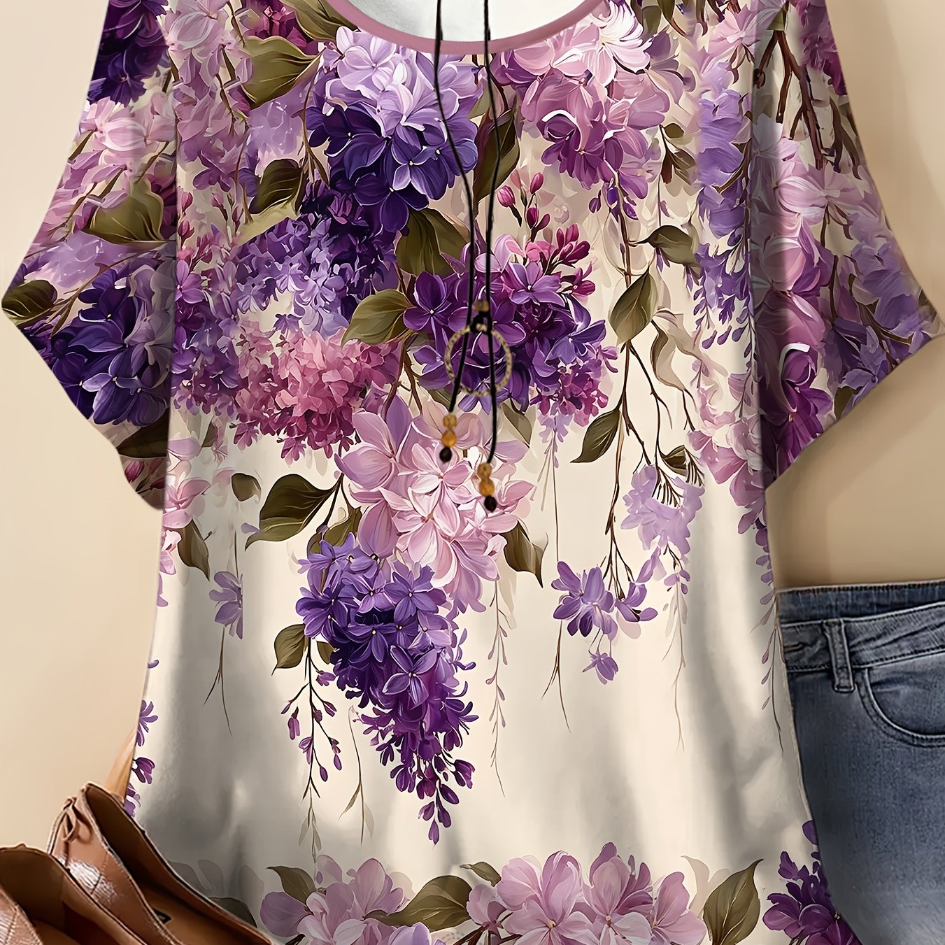 TEMU Women's Plus Size Round Neck Short Sleeve T-shirt With Wisteria Flower Draped Floral Print, Soft And Comfortable, Casual Top For Daily