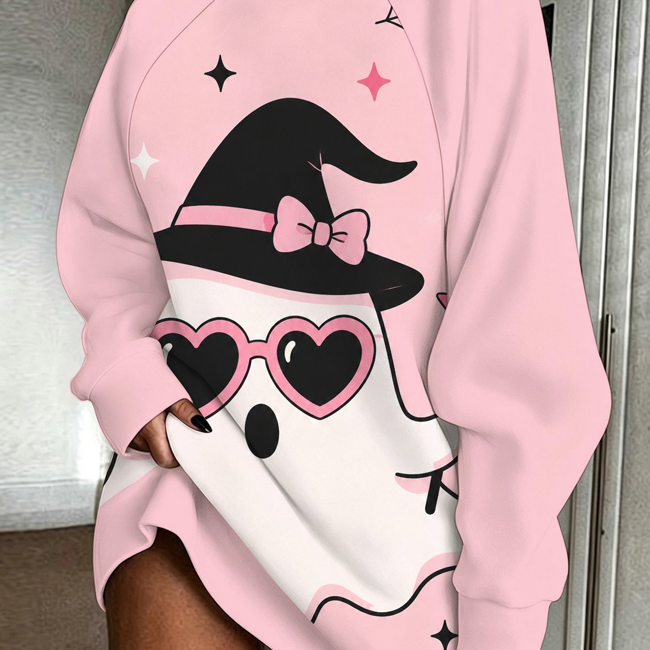 TEMU Pink Cute Witch Women's Printed Sweatshirt, Autumn Winter Long Style Party Date Street Shopping Vacation Casual Wear, For Halloween