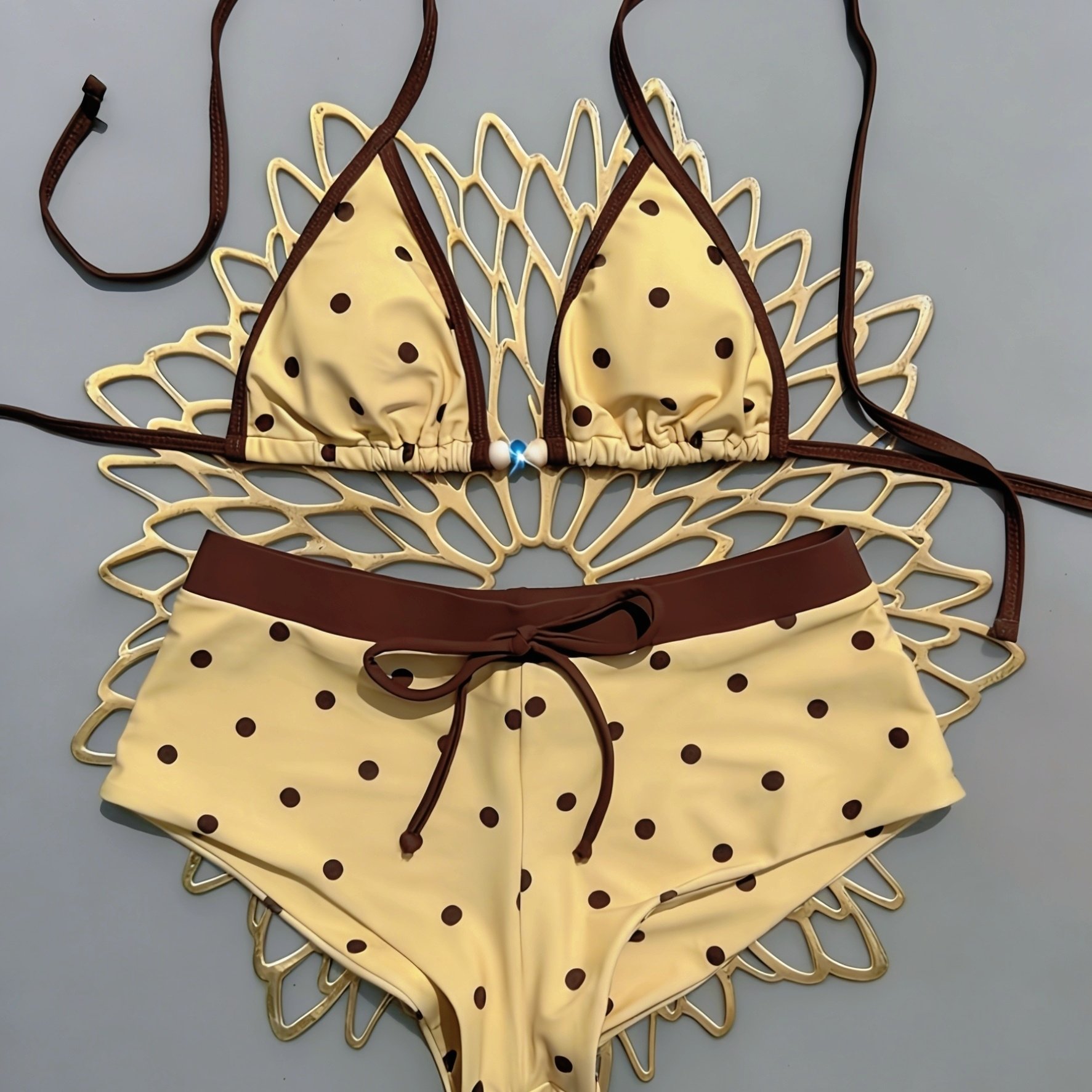TEMU Directional New Sexy Women's Retro Yellow Polka Dot Print Bikini Swimsuit Set Suitable For Going Out Birthday Casual Occasions Retro Style