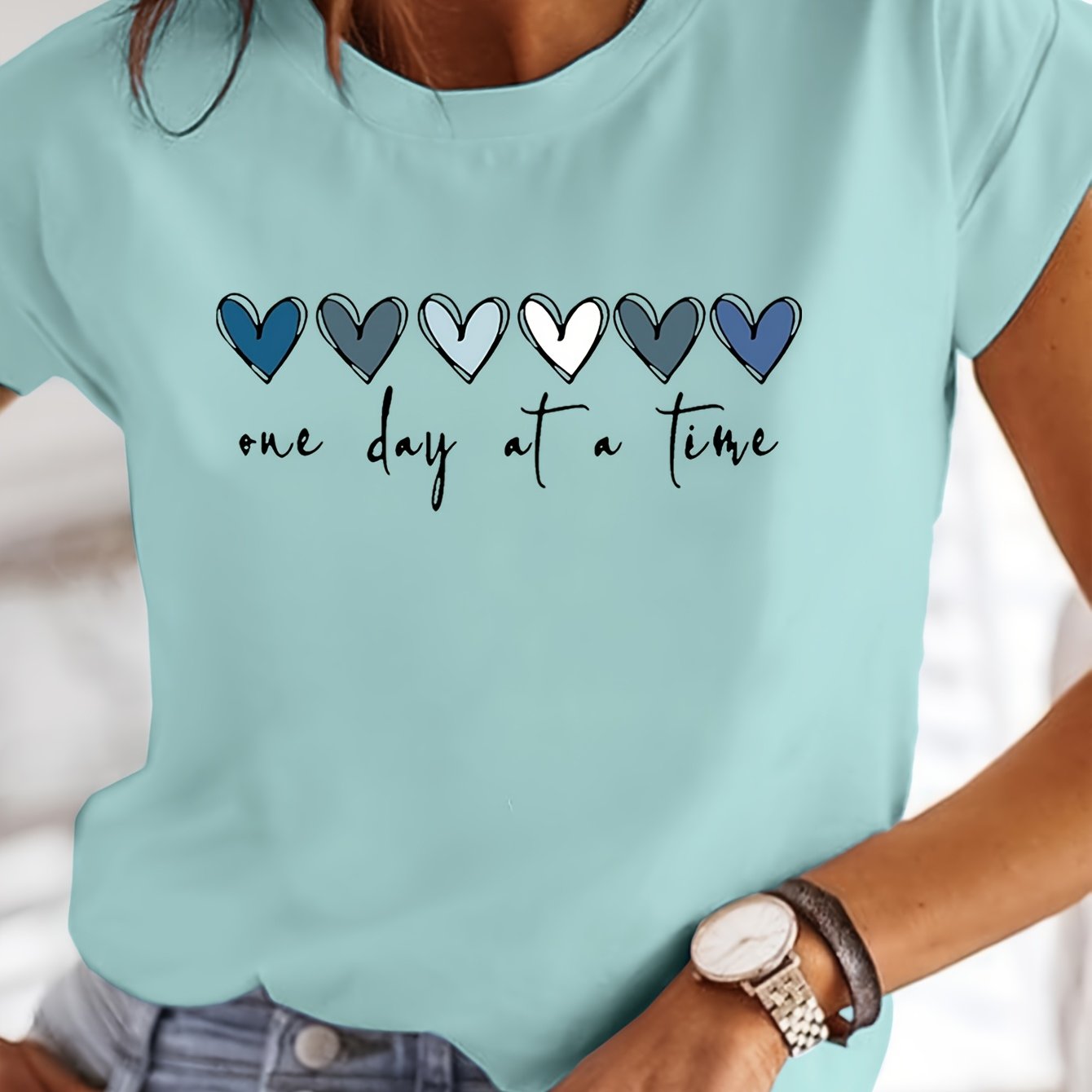 TEMU T-shirt à imprimé lettres « One Day », haut décontracté à manches courtes et col ras du cou pour l'été et , vêtement pour femme