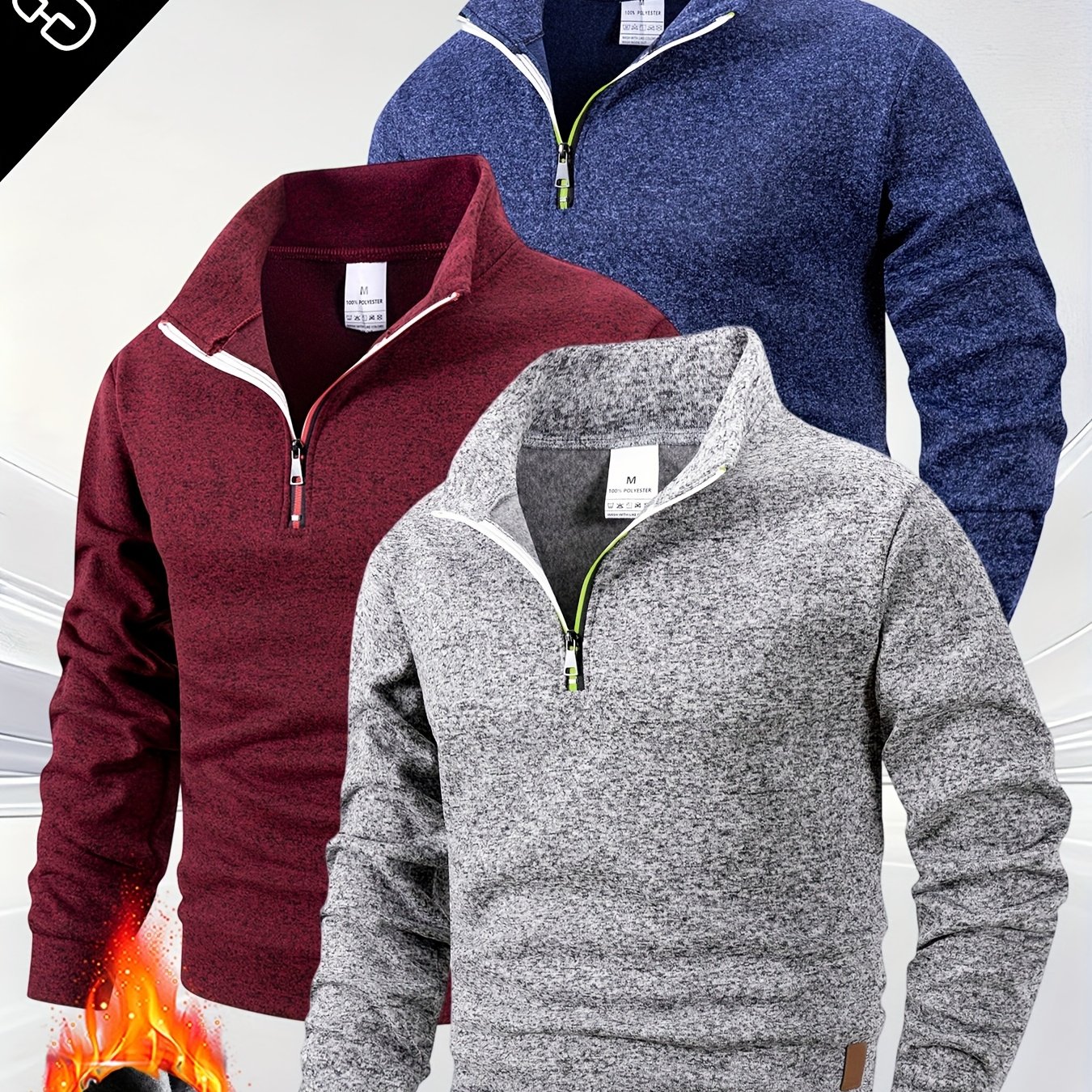 TEMU Ensemble de 3 pulls à col et demi-zip pour homme, pull chaud à fermeture éclair en de couleur unie, mode , manches longues, décontracté, idéal