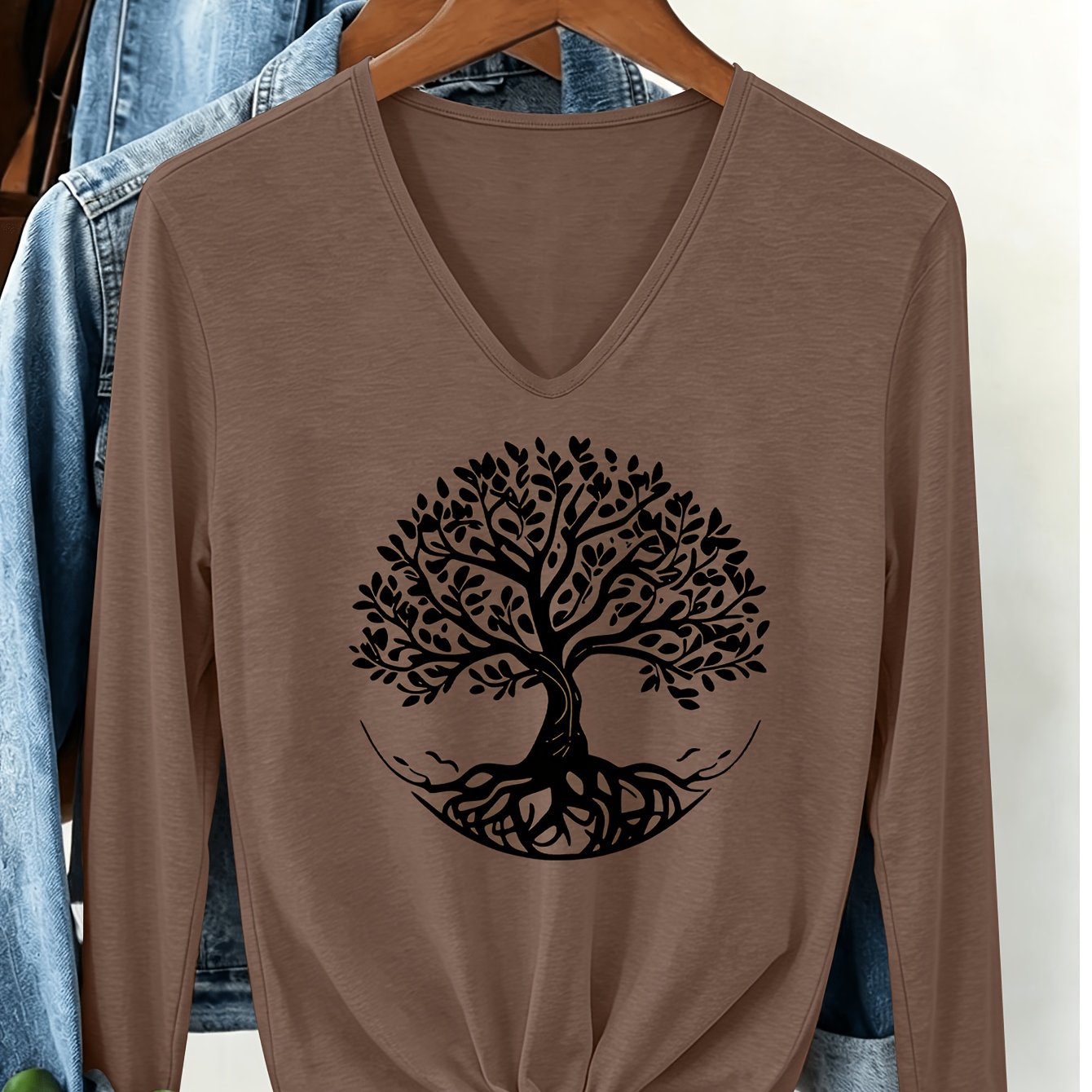 TEMU T-shirt à manches longues et col en V avec motif Arbre de Vie coloré, imprimé Arbre Totem, symbole de vêtement philosophique naturel 645A