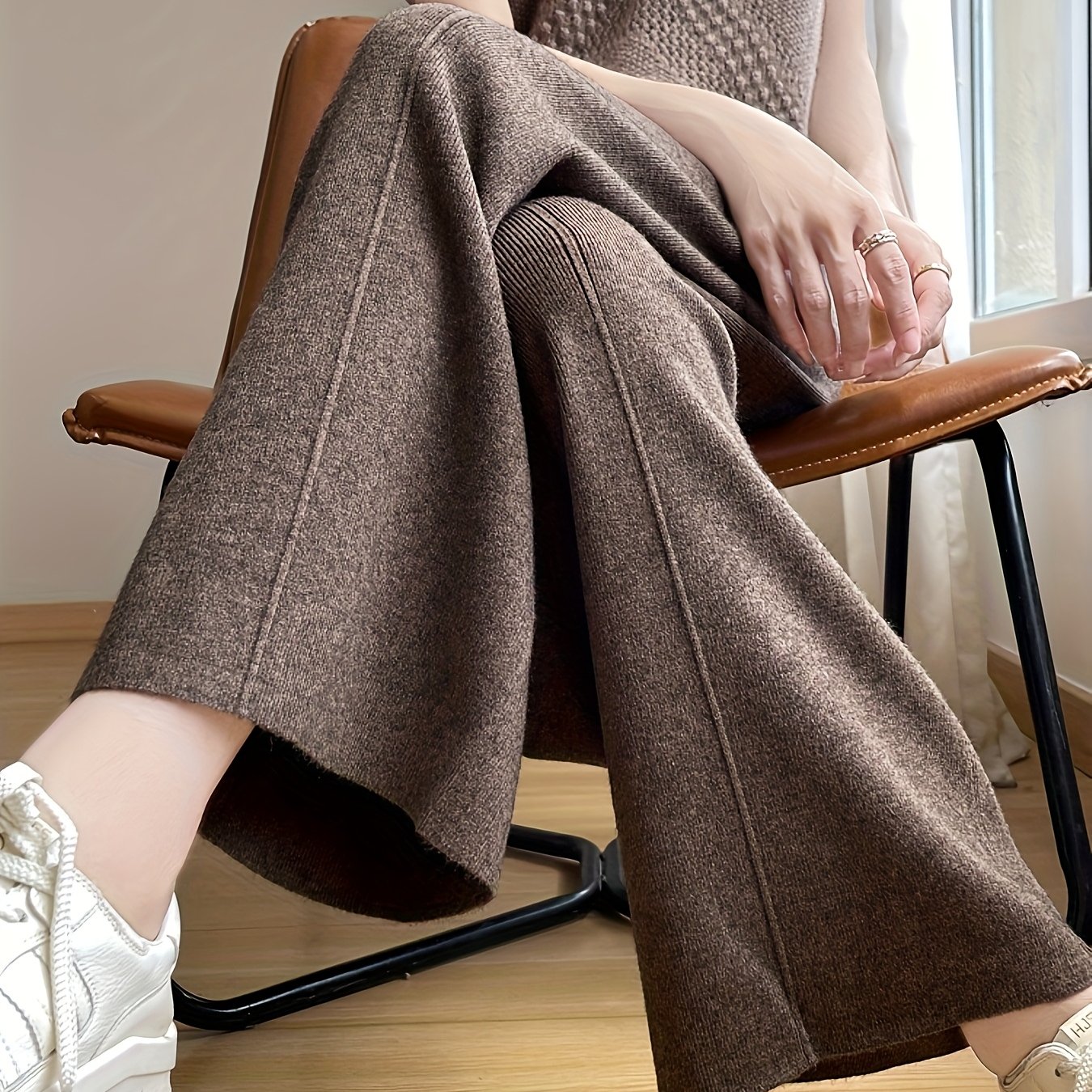 Autumn Winter Thickened Women's Long Pants, Wide Leg Elastic Waist Drawstring Casual Elegant Loose Comfortable Sweater Straight-leg Trousers