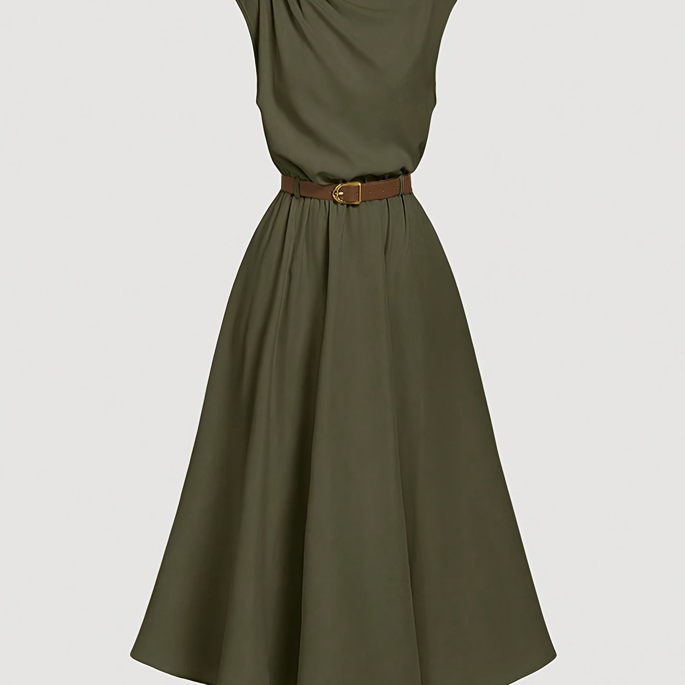 E-shop Damenkleid für Frühling/Sommer, einfarbig, schlicht, schmeichelhaftes A-Linien-Schnitt-Design mit figurbetonendem Vintage-Gürtel, langärmelig,