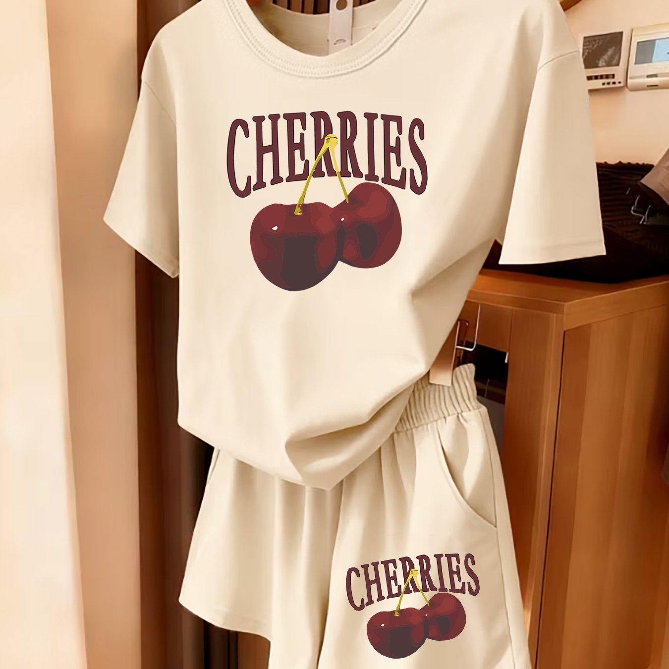 TEMU 2pcs Women's Summer Short Sleeve Set - Sweet Cherry Print Fun Pattern Short Sleeve And Shorts Set Comfortable Soft Breathable Sports Daily Wear