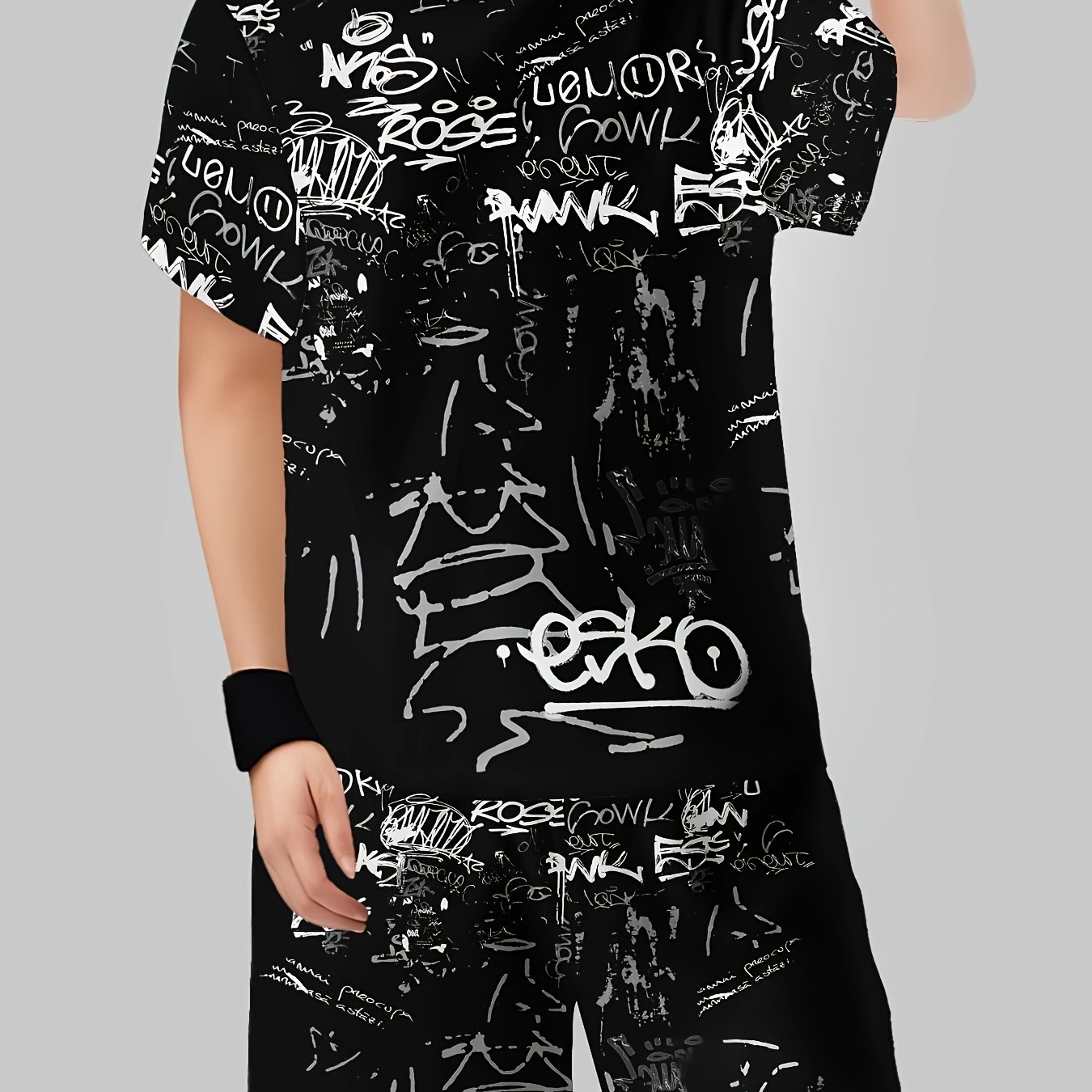 Boys' Suit Printed Casual Pullover Short Sleeve Shorts T Sweatshirt, Boys' Outdoor T-shirt Shorts Set, For Outdoor