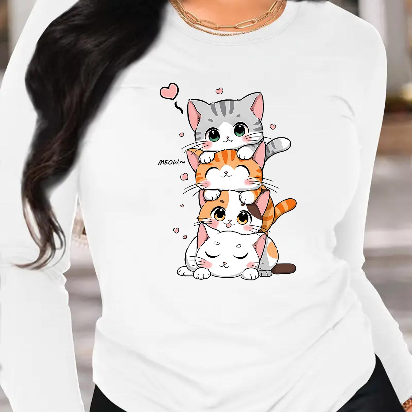 TEMU Cute Cat Print Pattern Casual Women' Round Neck Long Sleeve Top