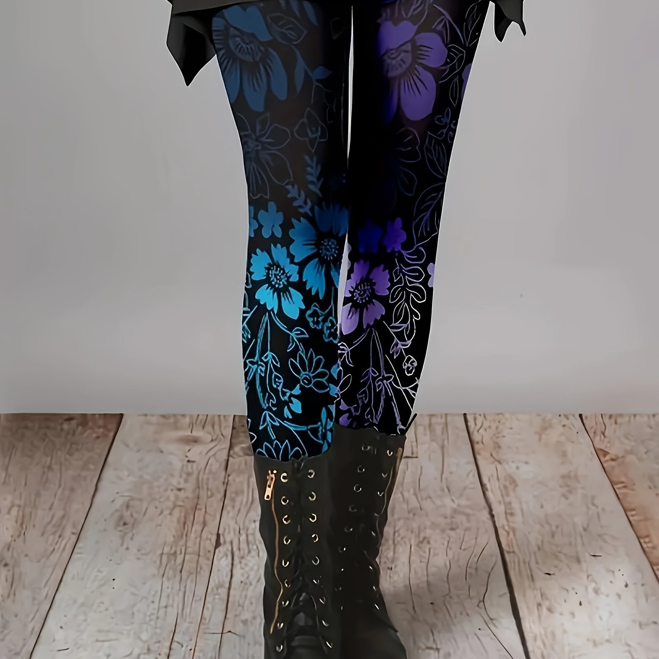 Image of Women's High-waisted Stretchy Leggings - Non-see-through Pants With Floral Print, Machine Washable & Durable For Casual & Formal Wear, Versatile Clothing, Opaque Fabric