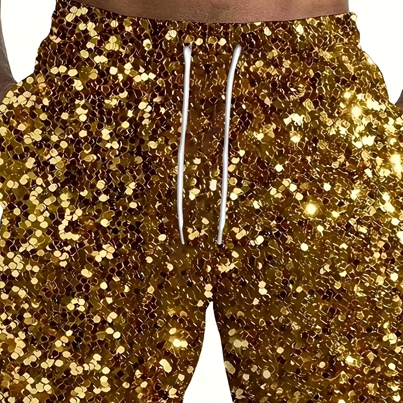 TEMU Gilded Sequin Men's Casual Shorts — Golden Glitter Textured Style For Party, Vacation, And , Trendy Youth Fashion Shorts "[printed Design-not
