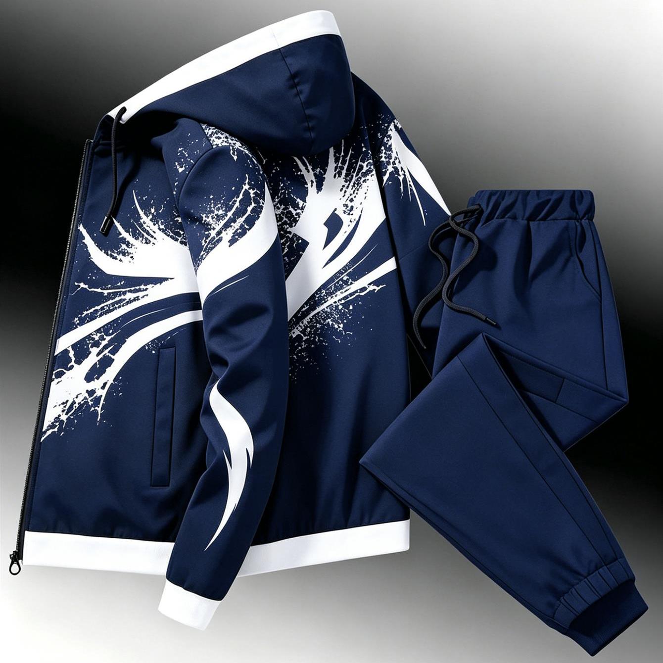 2pcs Set New Arrival: Unisex Casual Print Windproof Zipper Jacket Set, Regular Fit, Stretch Fabric, Perfect For Men, Suitable For Occasions, Plus Size
